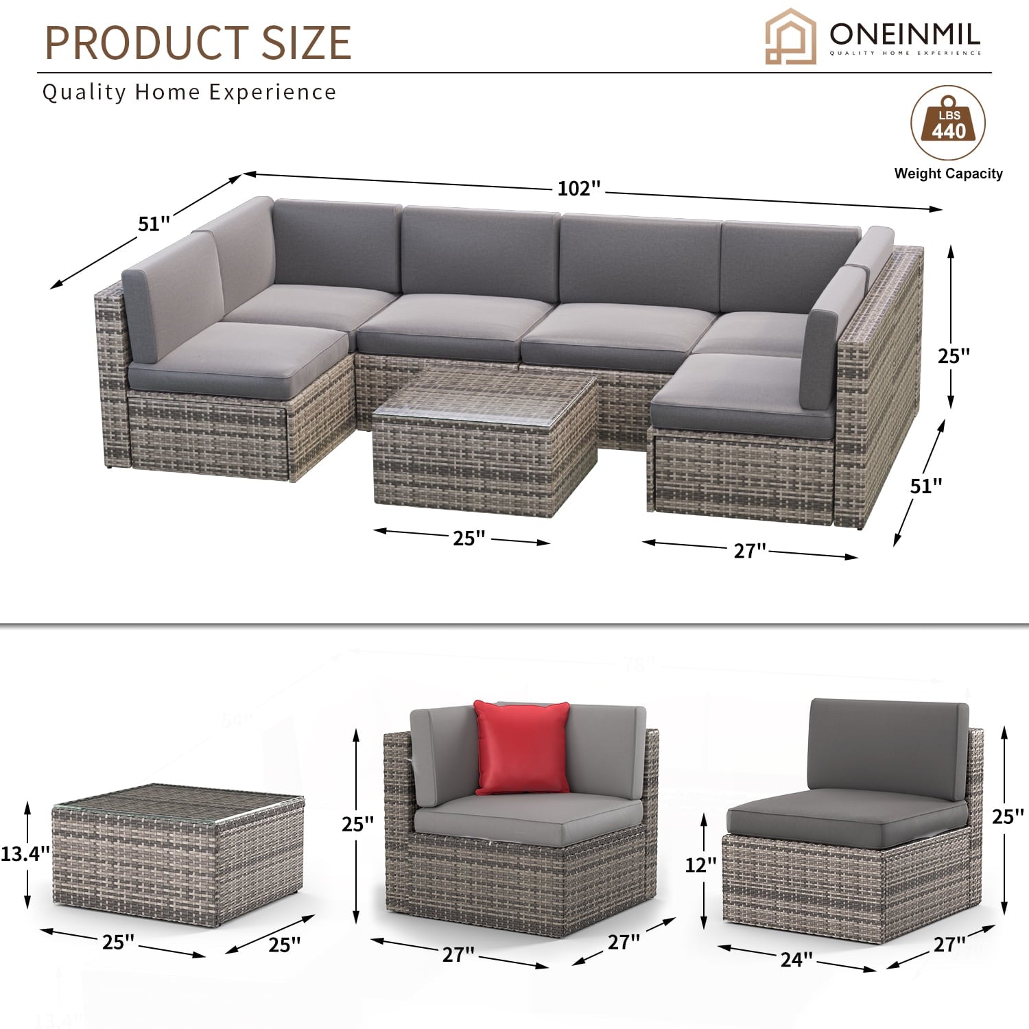 7 Pcs Patio Furniture Sets with Coffee Table,Patio Conversation Sets,Grey
