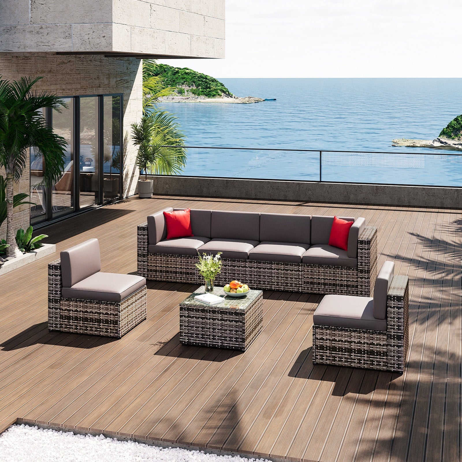 7pcs Patio Conversation Set, Outdoor Rattan Wicker Furniture Set All-Weather Sectional Sofa Set with Coffee Table, Gray