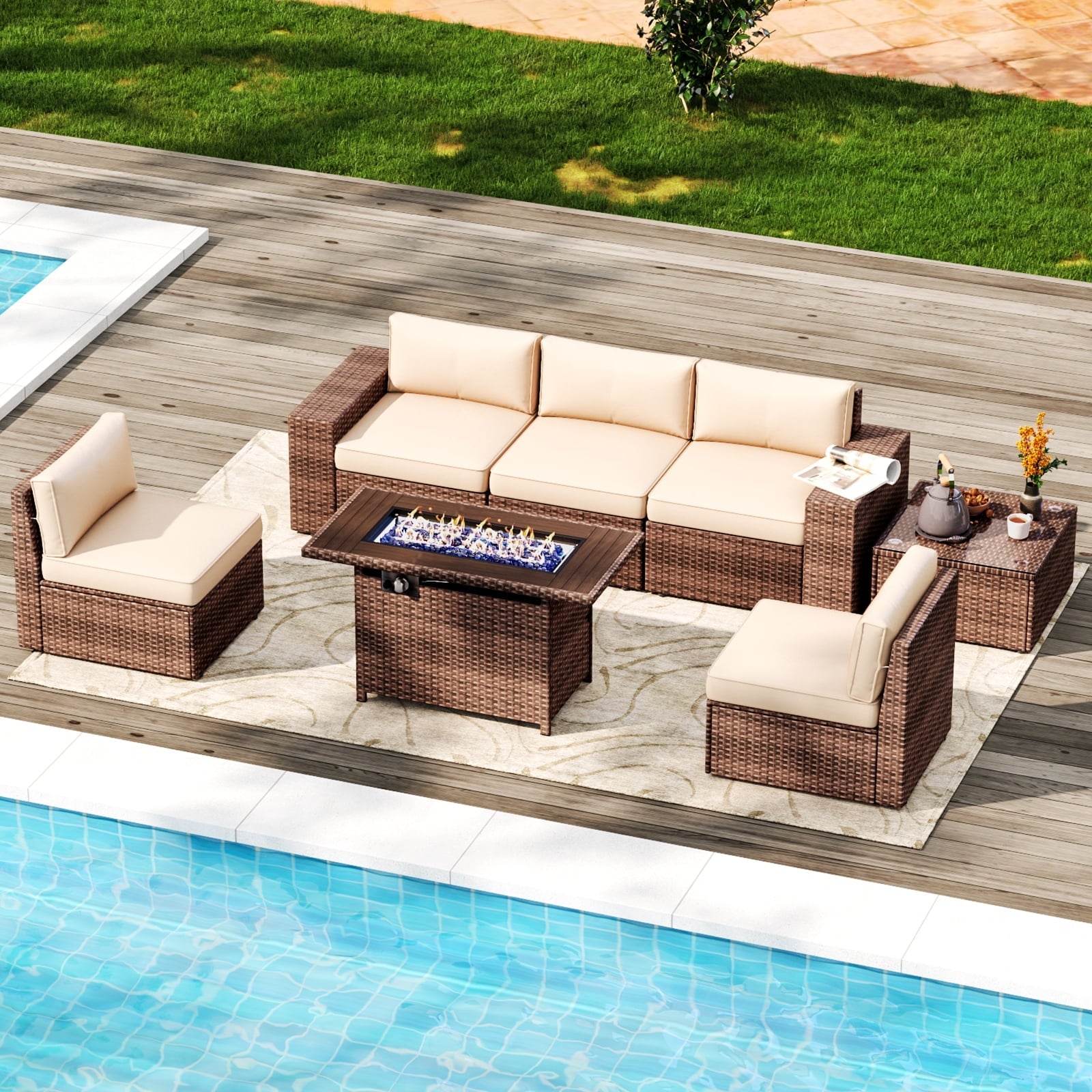 7 PCS Patio Furniture Set with 60000BUT Fire Pit Table(Include Waterproof Cover), Outdoor PE Wicker Rattan Sectional Sofa Conversation Set, Beige