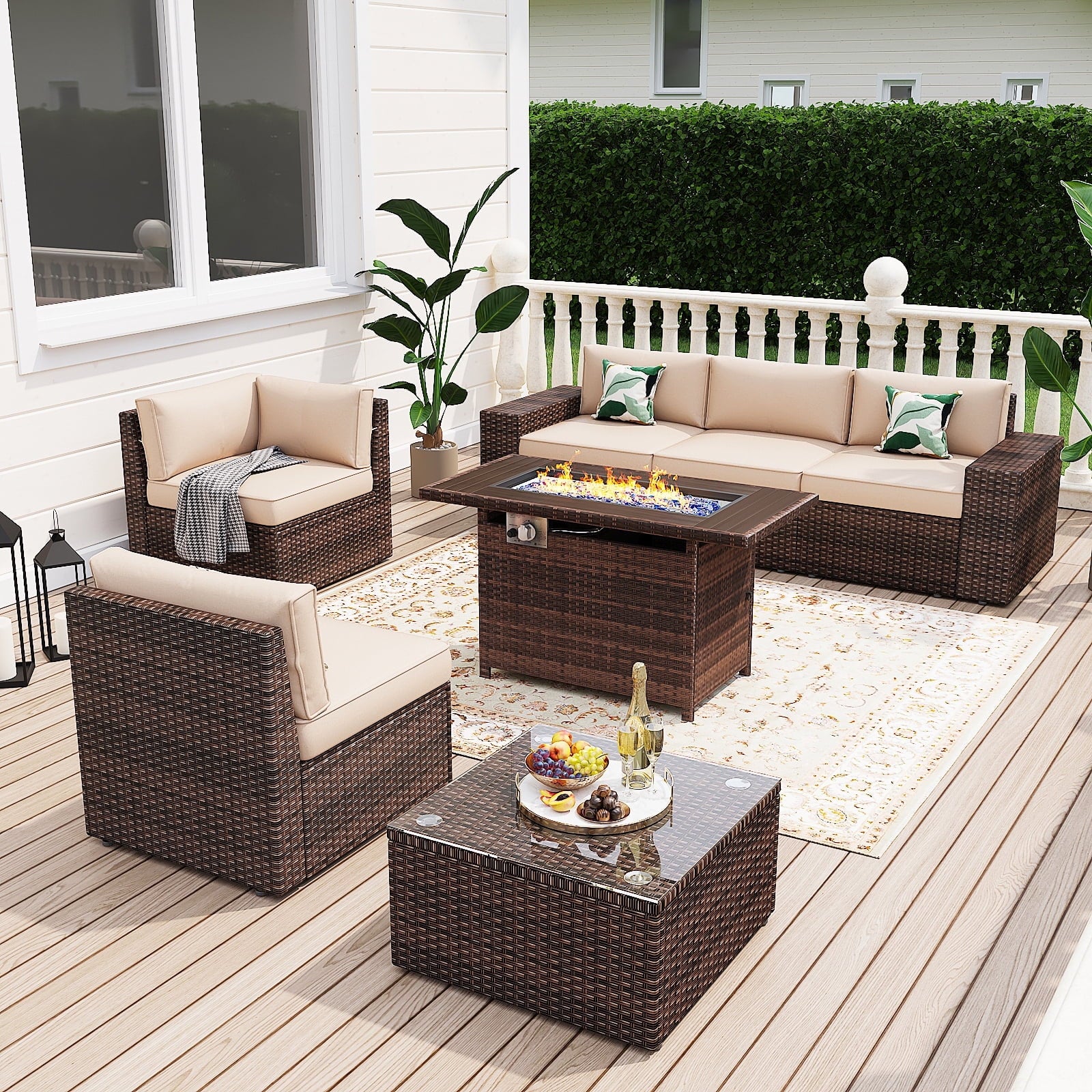 7Pcs Outdoor Patio Furniture Set with Fire Pit Table Wicker Rattan Sectional Sofa Patio Conversation Sets-Beige(with Waterproof Cover)