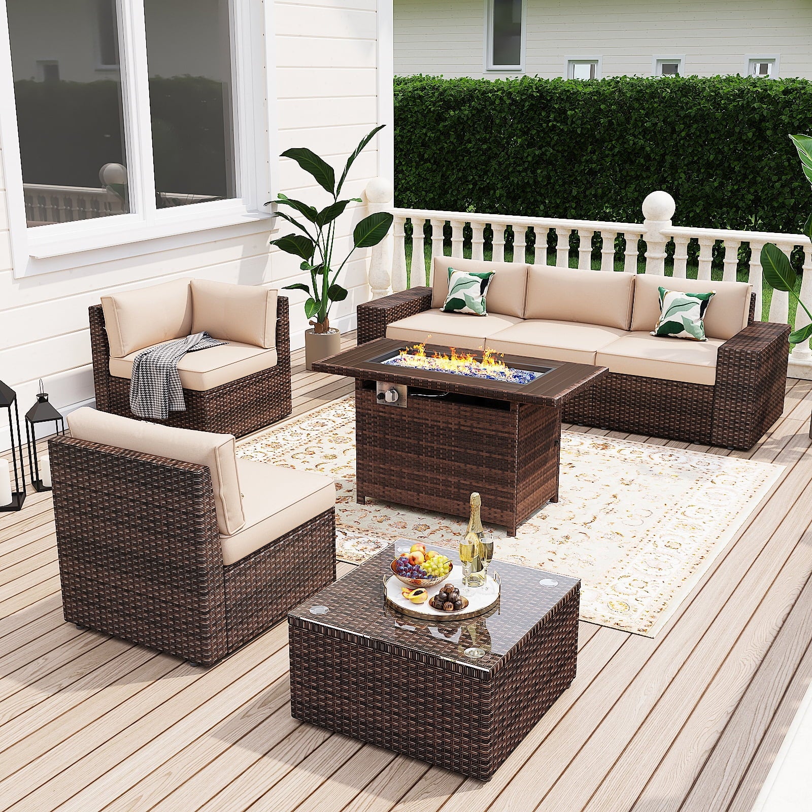 7Pcs Outdoor Patio Furniture Set with Fire Pit Table Wicker Rattan Sectional Sofa Patio Conversation Sets-Beige(with Waterproof Cover)
