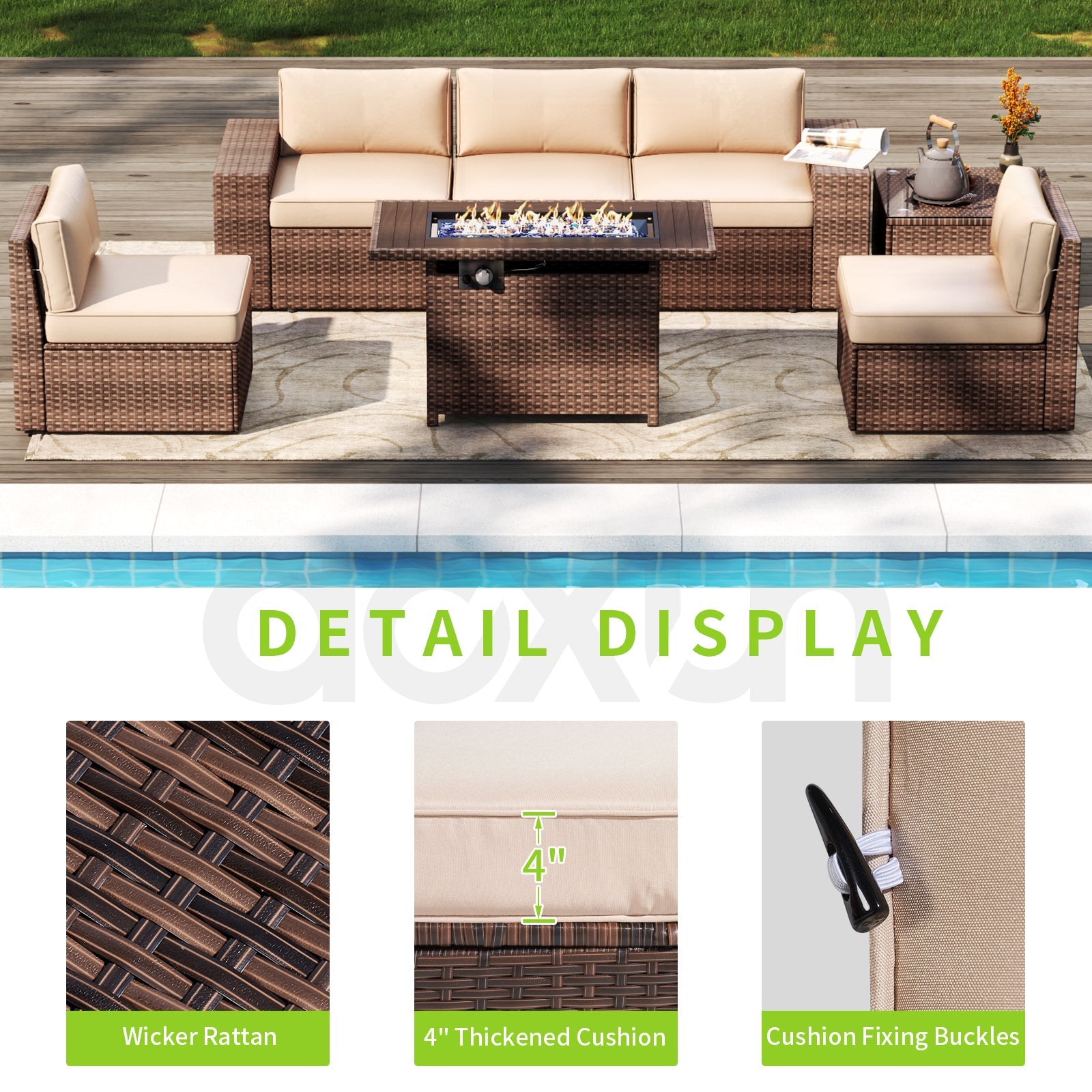 7 PCS Patio Furniture Set with 60000BUT Fire Pit Table(Include Waterproof Cover), Outdoor PE Wicker Rattan Sectional Sofa Conversation Set, Beige