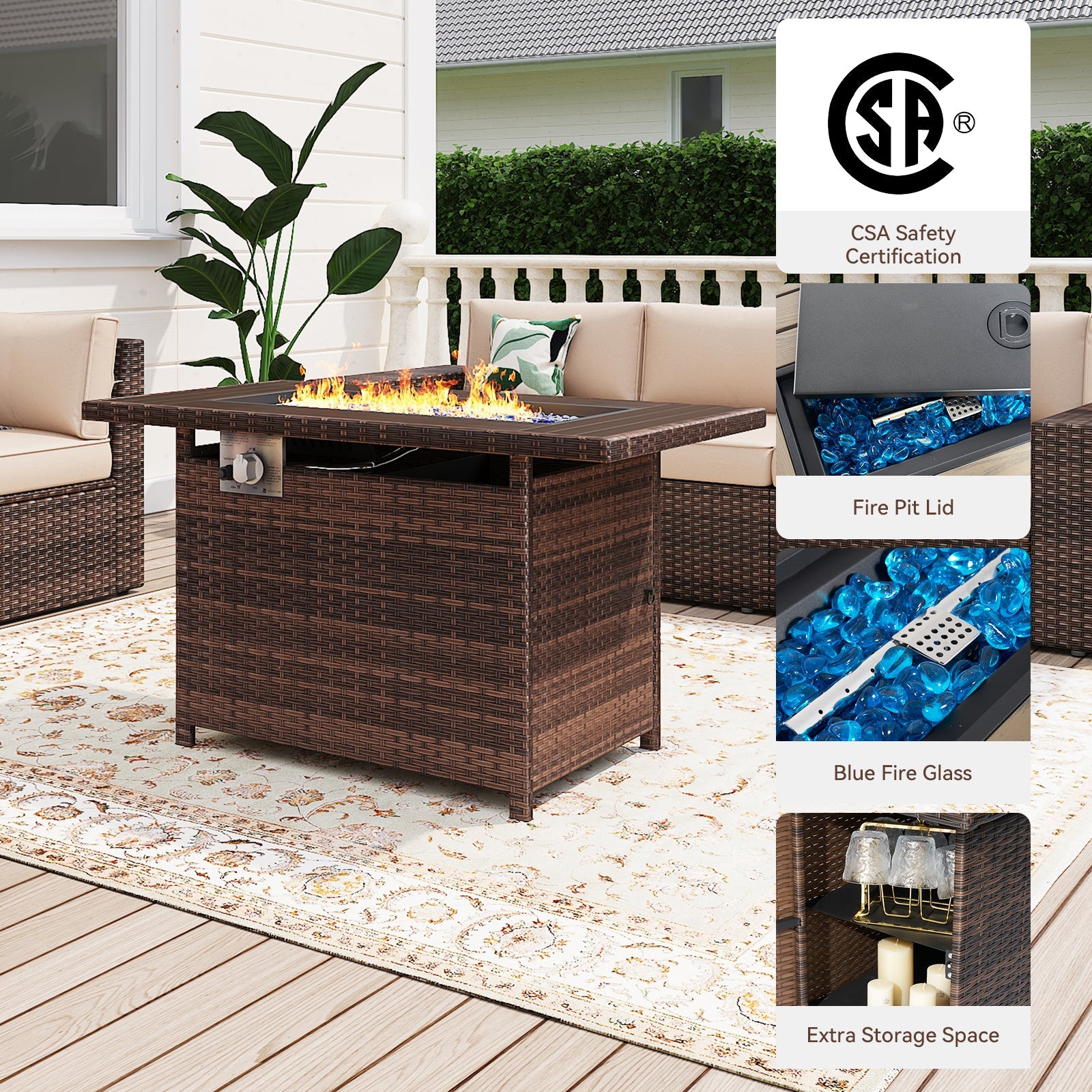 7Pcs Outdoor Patio Furniture Set with Fire Pit Table Wicker Rattan Sectional Sofa Patio Conversation Sets-Beige(with Waterproof Cover)