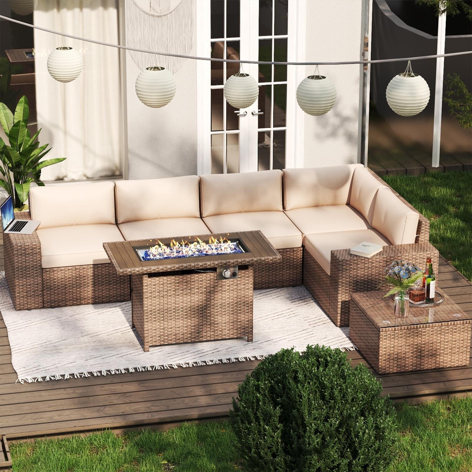 7 PCS Patio Furniture Set with 60000BUT Fire Pit Table, Outdoor PE Wicker Rattan Sectional Sofa Conversation Set, Beige