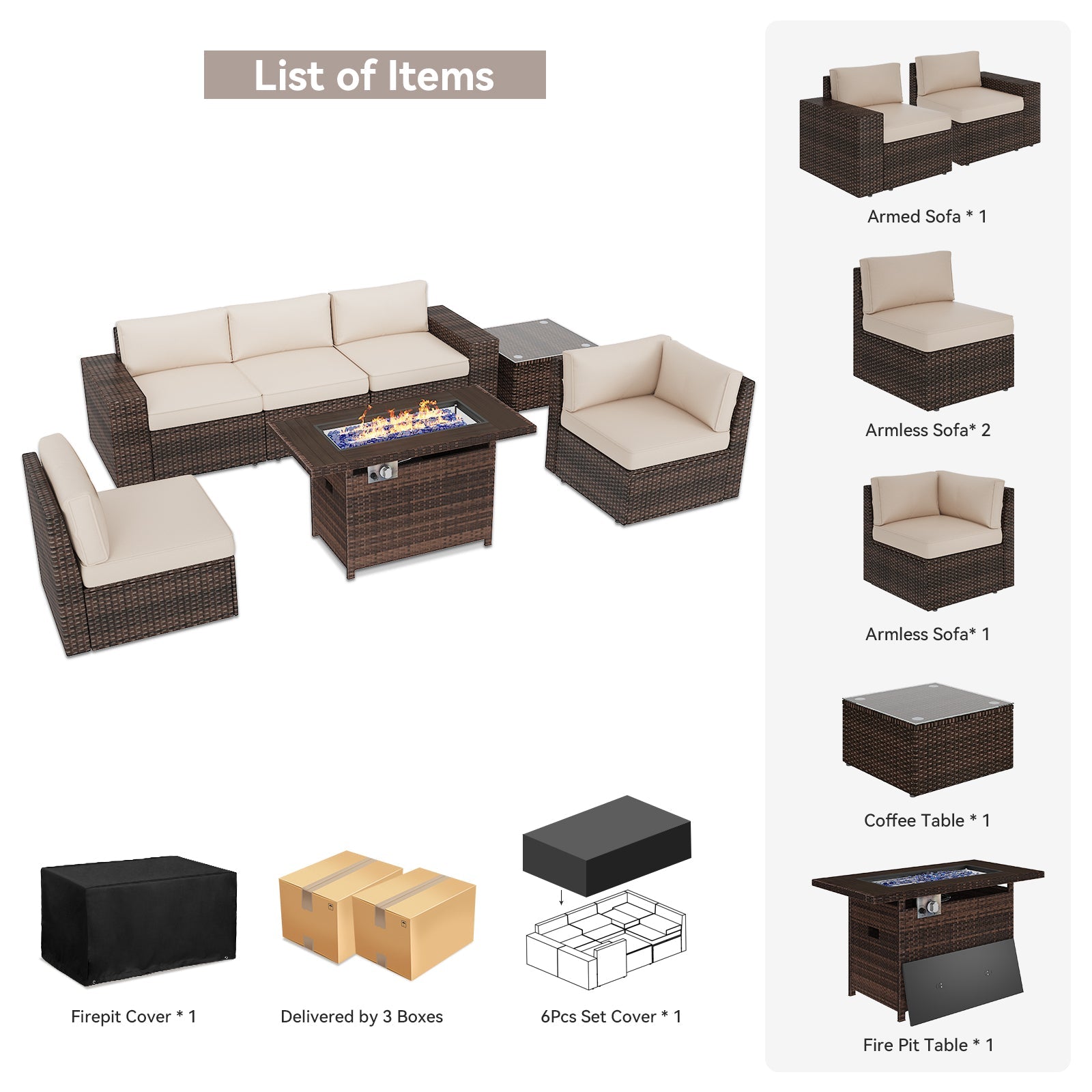 7Pcs Outdoor Patio Furniture Set with Fire Pit Table Wicker Rattan Sectional Sofa Patio Conversation Sets-Beige(with Waterproof Cover)