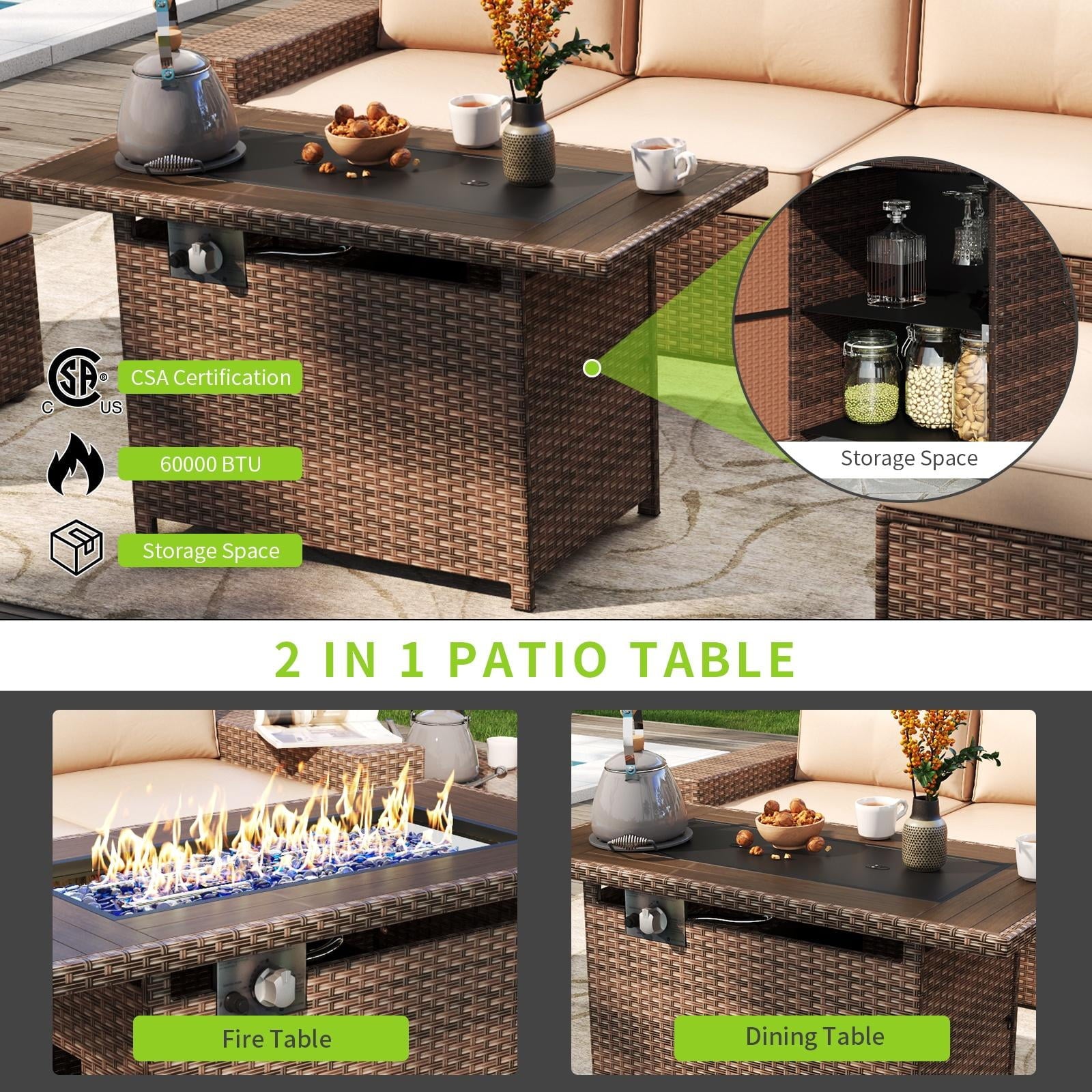 7 PCS Patio Furniture Set with 60000BUT Fire Pit Table, Outdoor PE Wicker Rattan Sectional Sofa Conversation Set, Beige