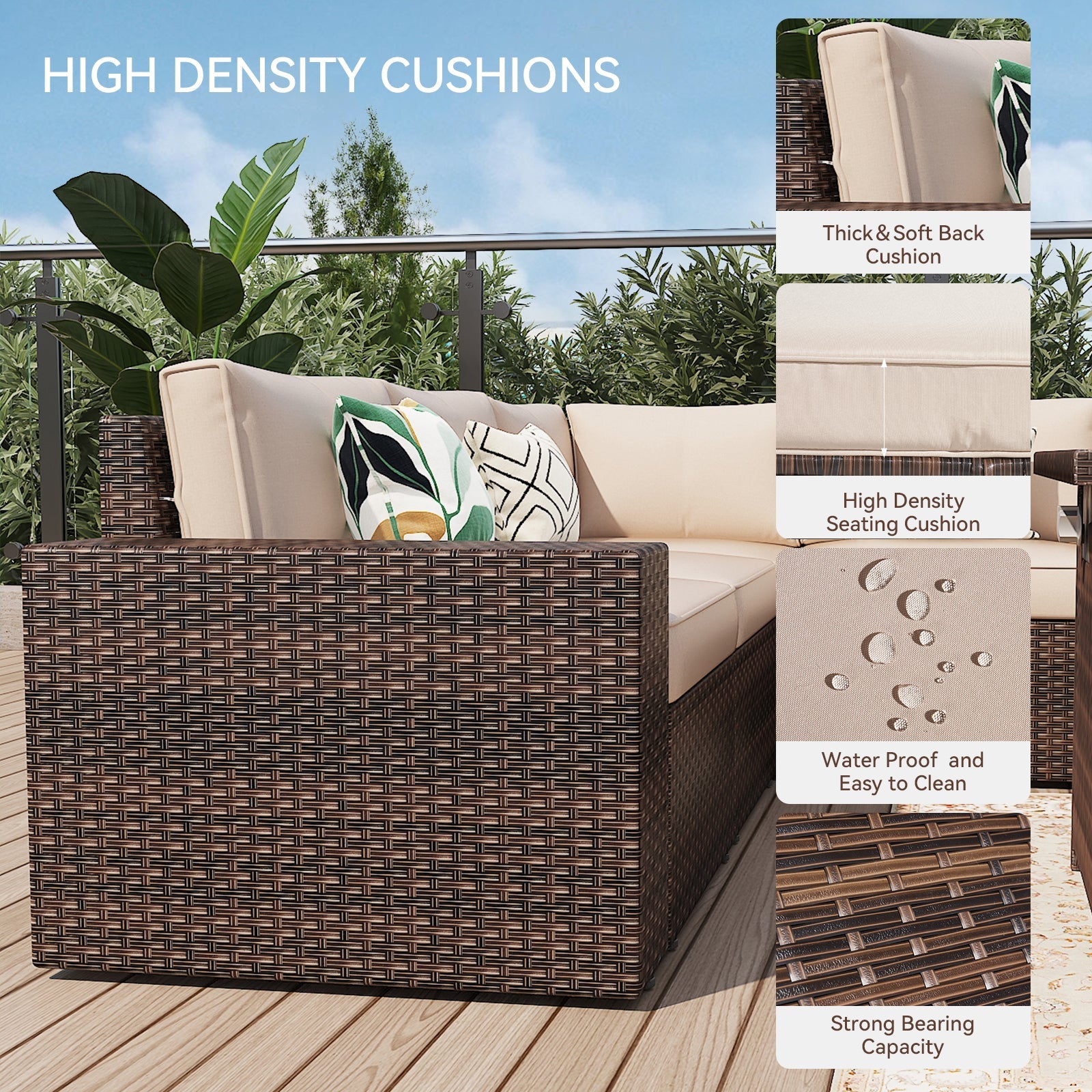 7Pcs Outdoor Patio Furniture Set with Fire Pit Table Wicker Rattan Sectional Sofa Patio Conversation Sets-Beige(with Waterproof Cover)