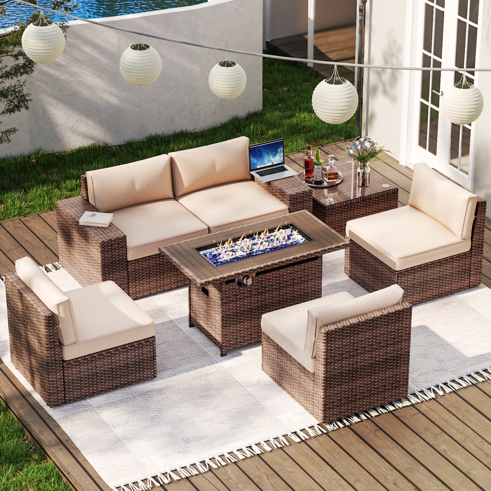 7 PCS Patio Furniture Set with 60000BUT Fire Pit Table(Include Waterproof Cover), Outdoor PE Wicker Rattan Sectional Sofa Conversation Set, Beige