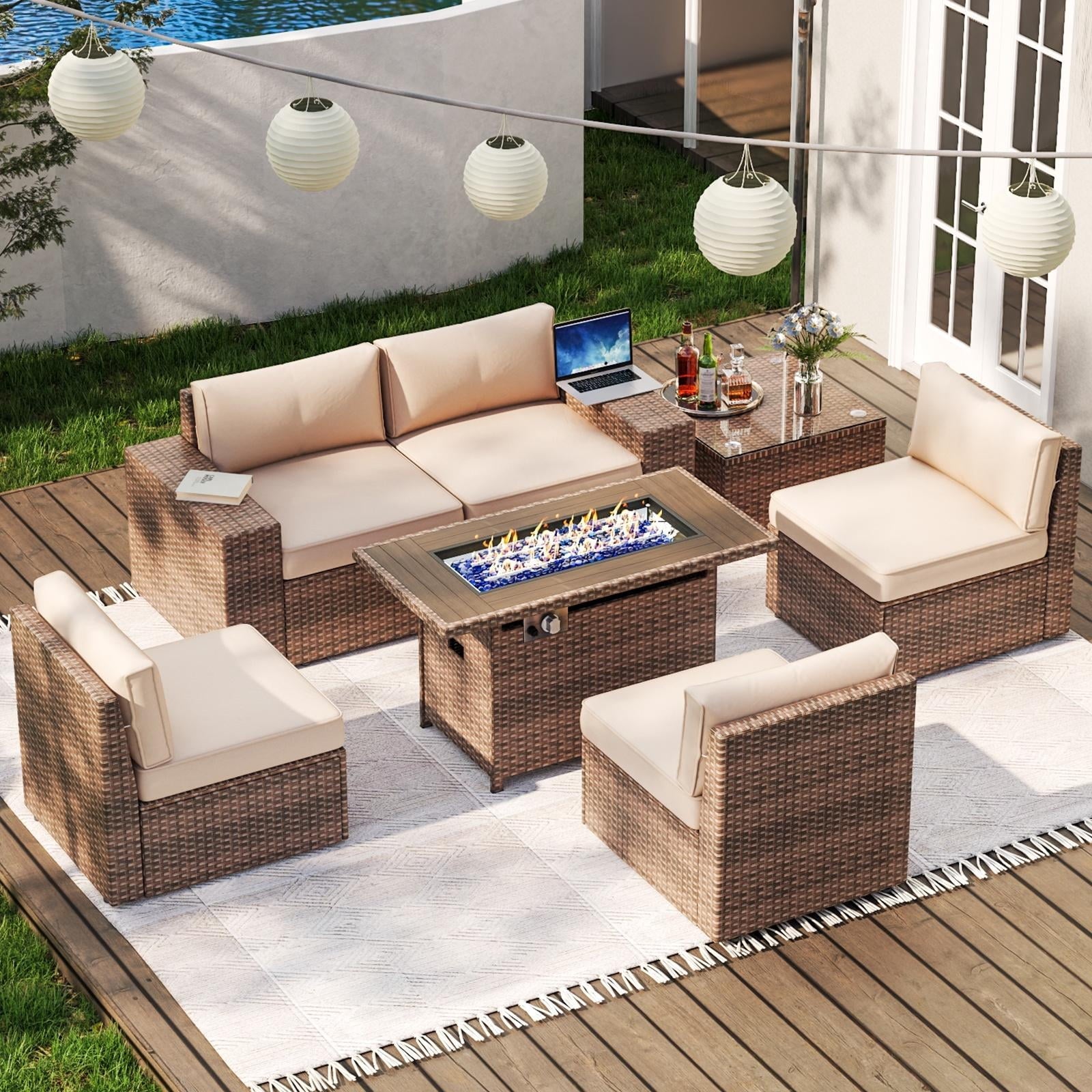 7 PCS Patio Furniture Set with 60000BUT Fire Pit Table, Outdoor PE Wicker Rattan Sectional Sofa Conversation Set, Beige