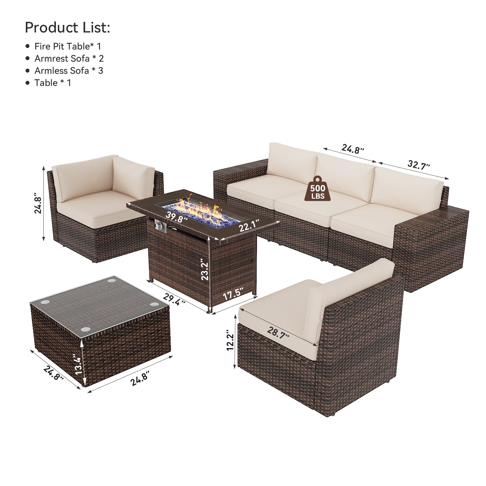 7Pcs Outdoor Patio Furniture Set with Fire Pit Table Wicker Rattan Sectional Sofa Patio Conversation Sets-Beige(with Waterproof Cover)