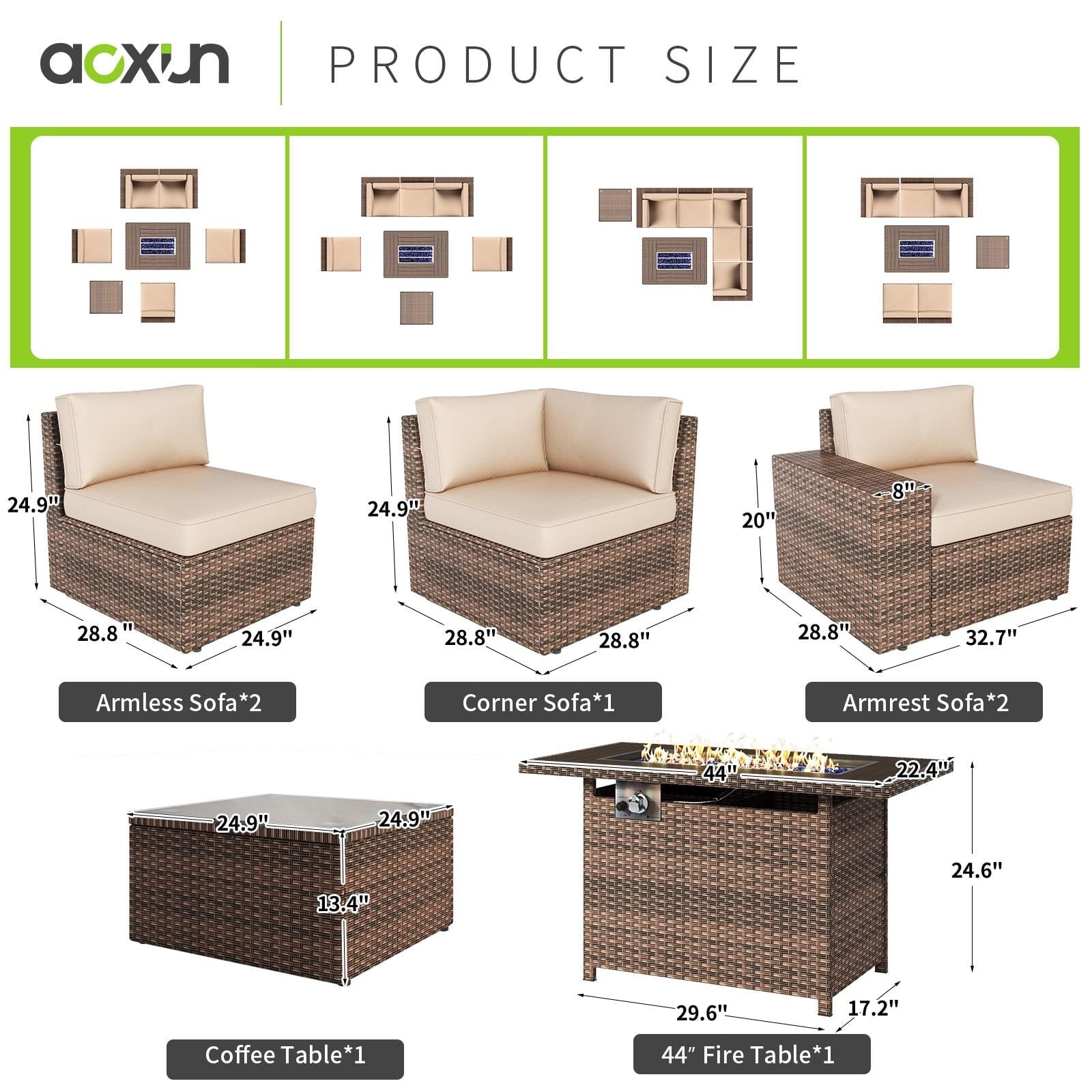 7 PCS Patio Furniture Set with 60000BUT Fire Pit Table, Outdoor PE Wicker Rattan Sectional Sofa Conversation Set, Beige