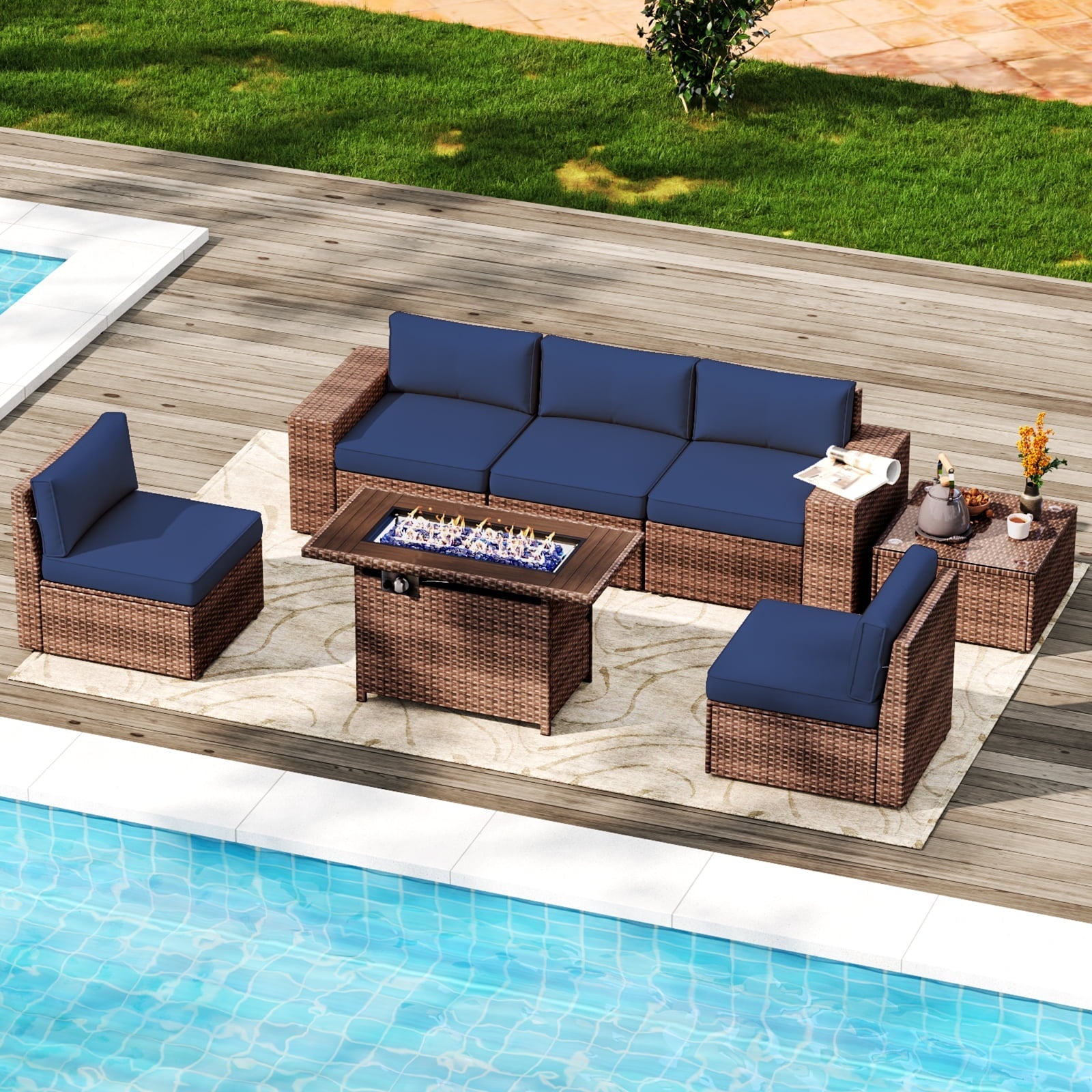 7 pcs Patio Furniture Set with 60000BUT Fire Pit Table(Include Waterproof Cover), Outdoor PE Wicker Rattan Sectional Sofa Conversation Set, Blue