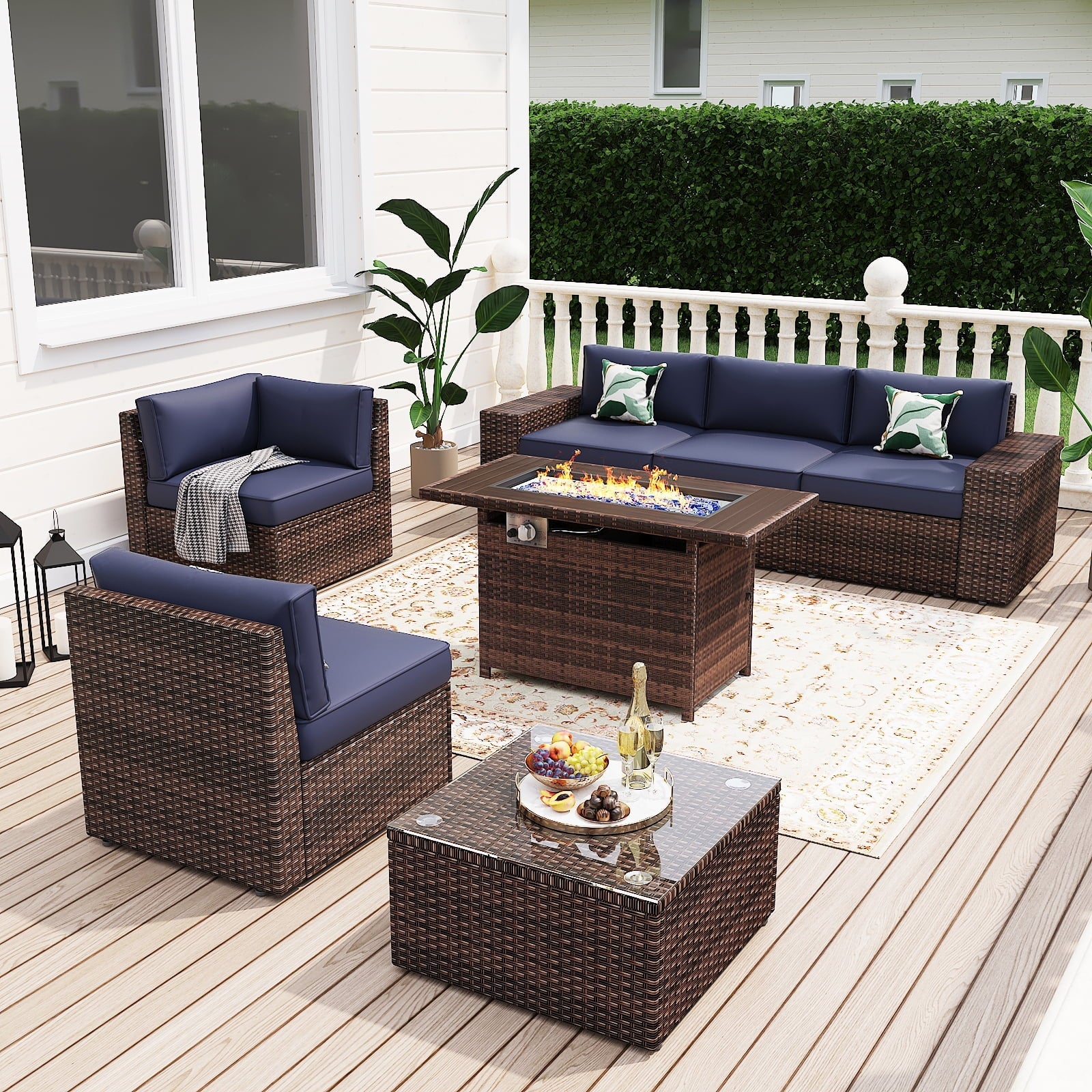 7Pcs Outdoor Patio Furniture Set with Fire Pit Table Wicker Rattan Sectional Sofa Patio Conversation Sets-Blue(with Waterproof Cover)