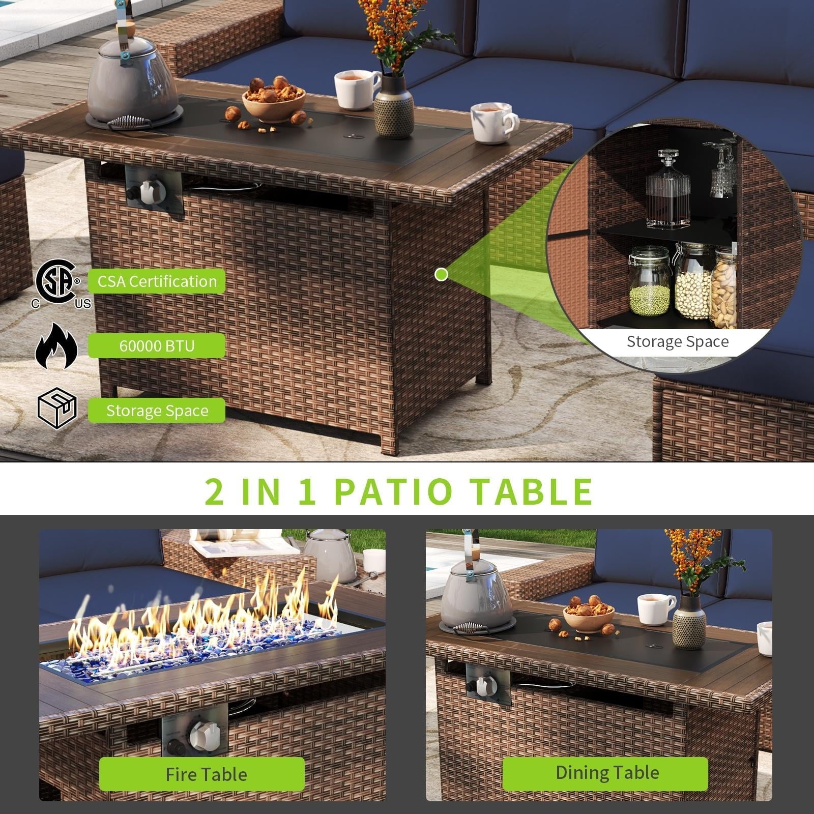 7pcs Patio Furniture Set with 60000BUT Fire Pit Table, Outdoor PE Wicker Rattan Sectional Sofa Conversation Set, Blue