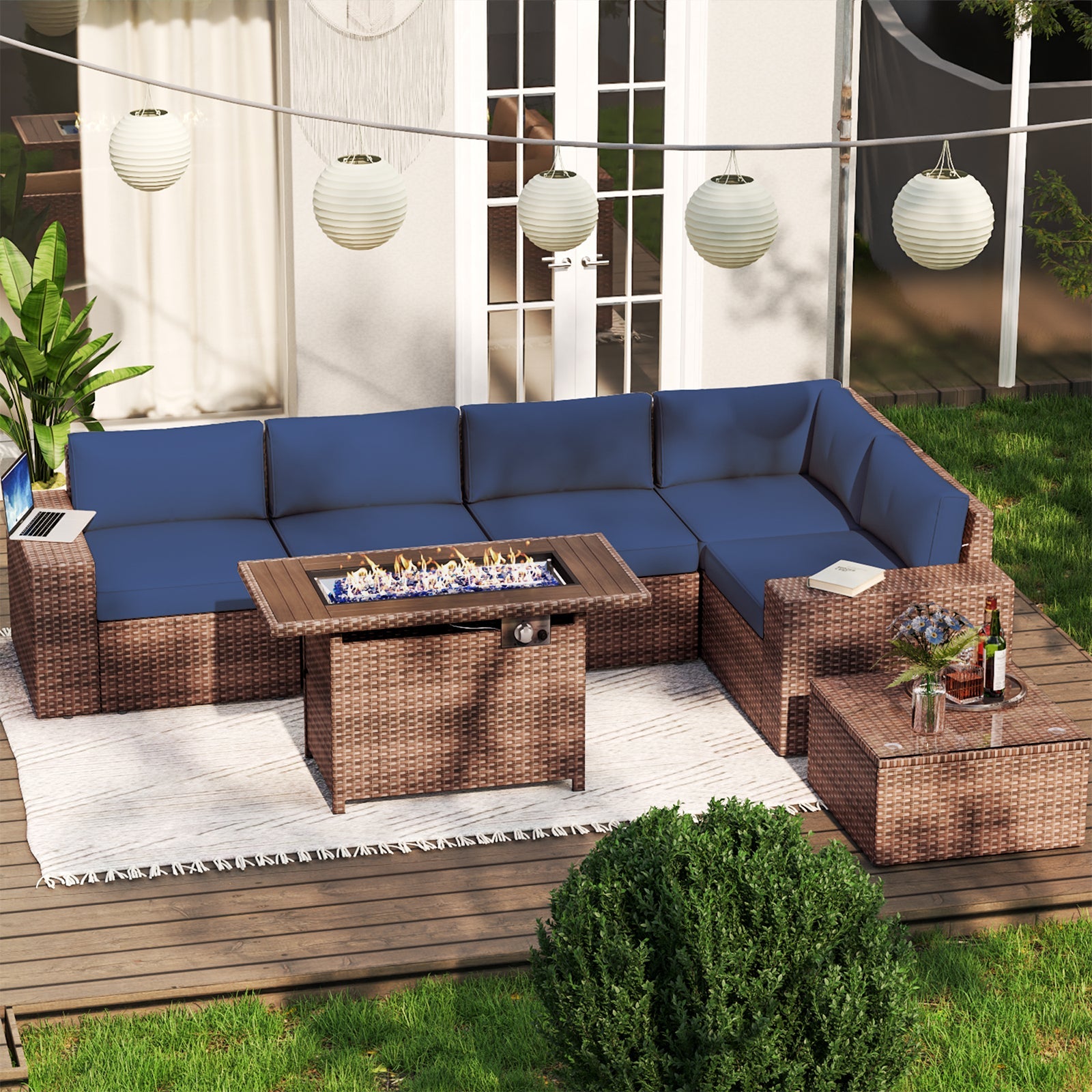 7 pcs Patio Furniture Set with 60000BUT Fire Pit Table(Include Waterproof Cover), Outdoor PE Wicker Rattan Sectional Sofa Conversation Set, Blue