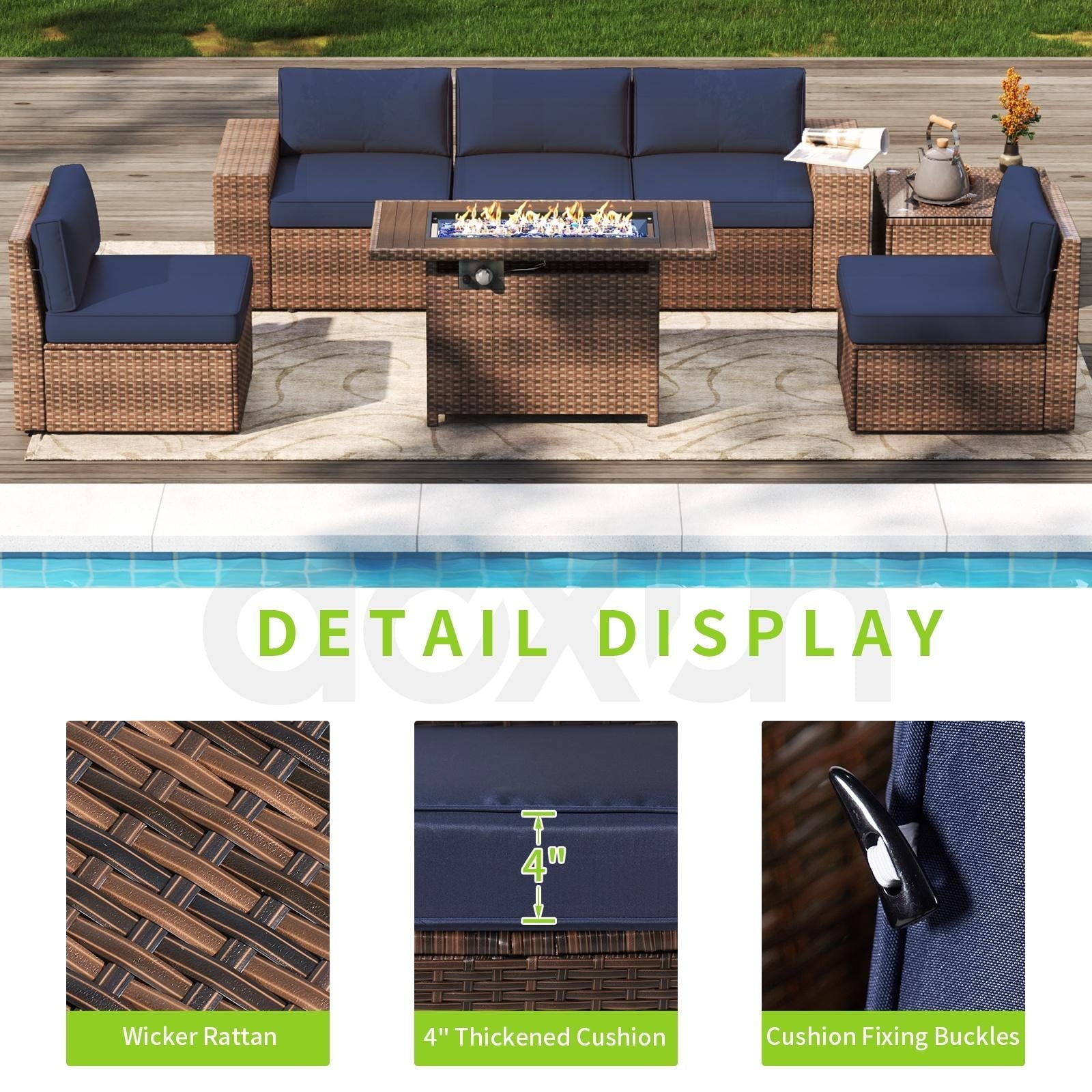 7pcs Patio Furniture Set with 60000BUT Fire Pit Table, Outdoor PE Wicker Rattan Sectional Sofa Conversation Set, Blue