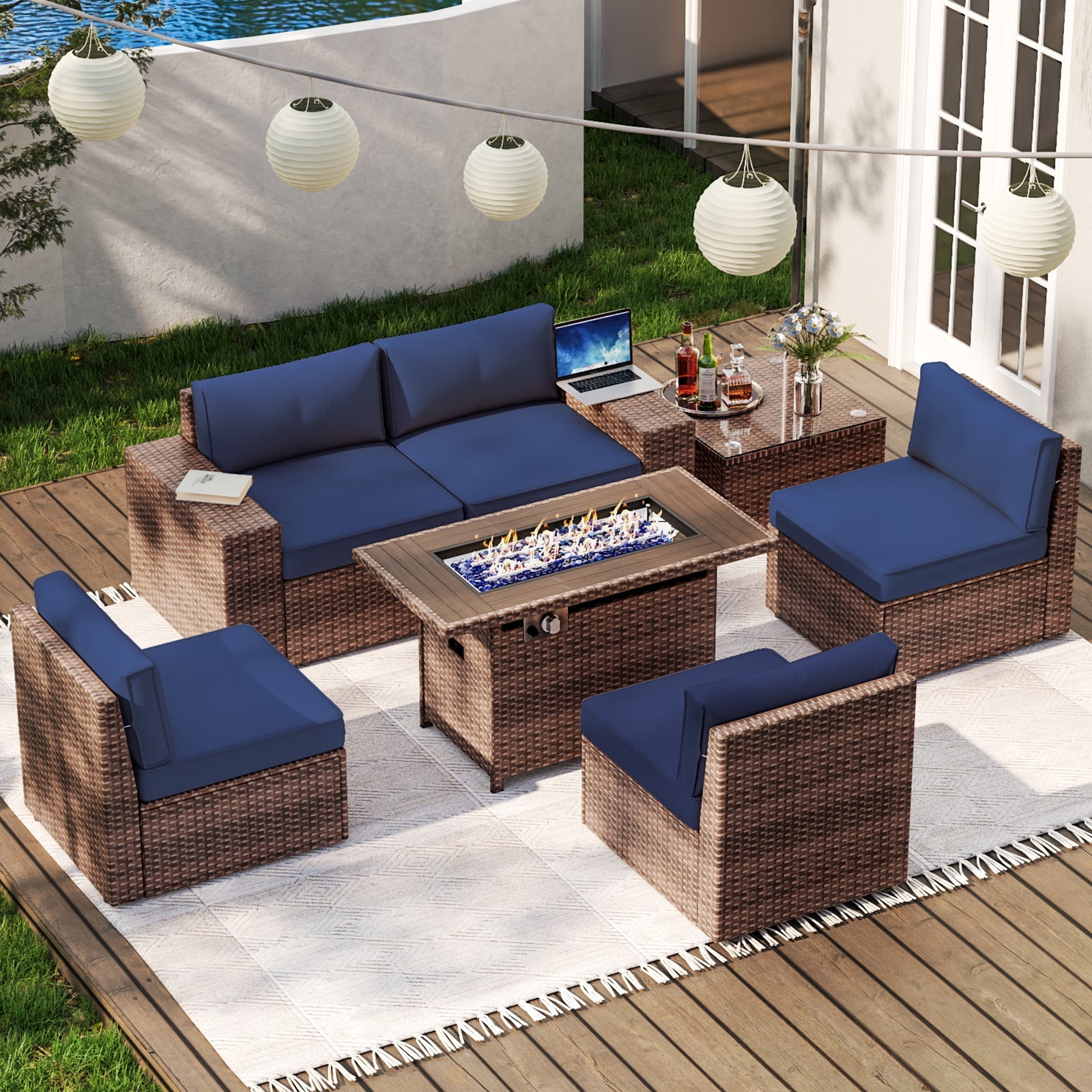7 pcs Patio Furniture Set with 60000BUT Fire Pit Table(Include Waterproof Cover), Outdoor PE Wicker Rattan Sectional Sofa Conversation Set, Blue