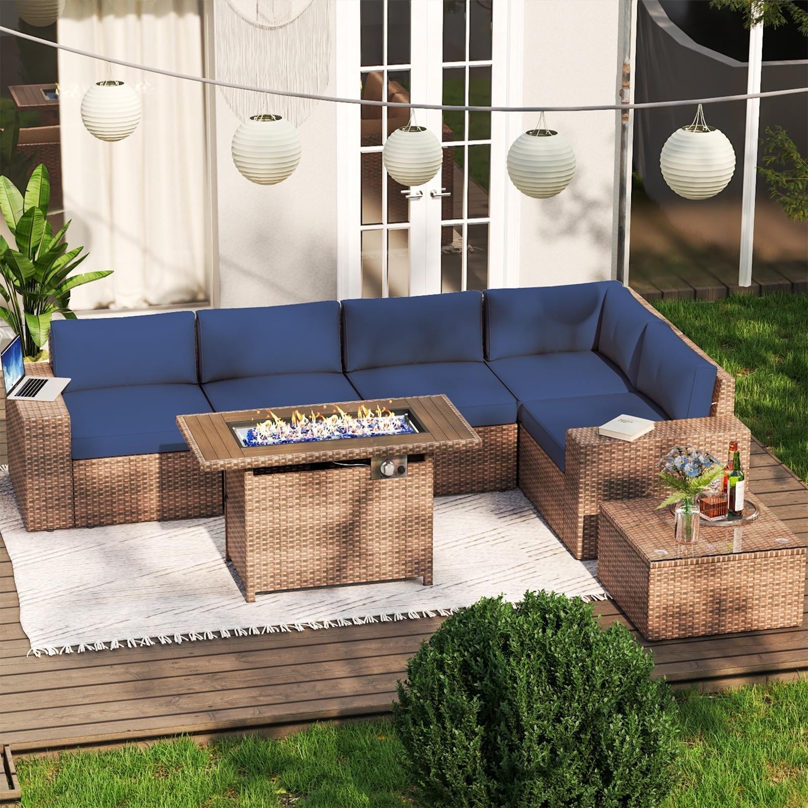 7pcs Patio Furniture Set with 60000BUT Fire Pit Table, Outdoor PE Wicker Rattan Sectional Sofa Conversation Set, Blue