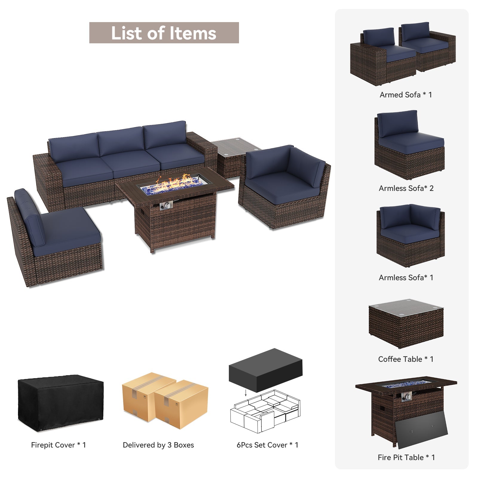 7Pcs Outdoor Patio Furniture Set with Fire Pit Table Wicker Rattan Sectional Sofa Patio Conversation Sets-Blue(with Waterproof Cover)