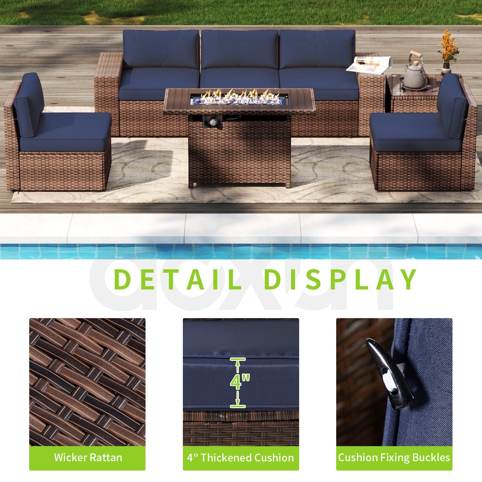 7 pcs Patio Furniture Set with 60000BUT Fire Pit Table(Include Waterproof Cover), Outdoor PE Wicker Rattan Sectional Sofa Conversation Set, Blue