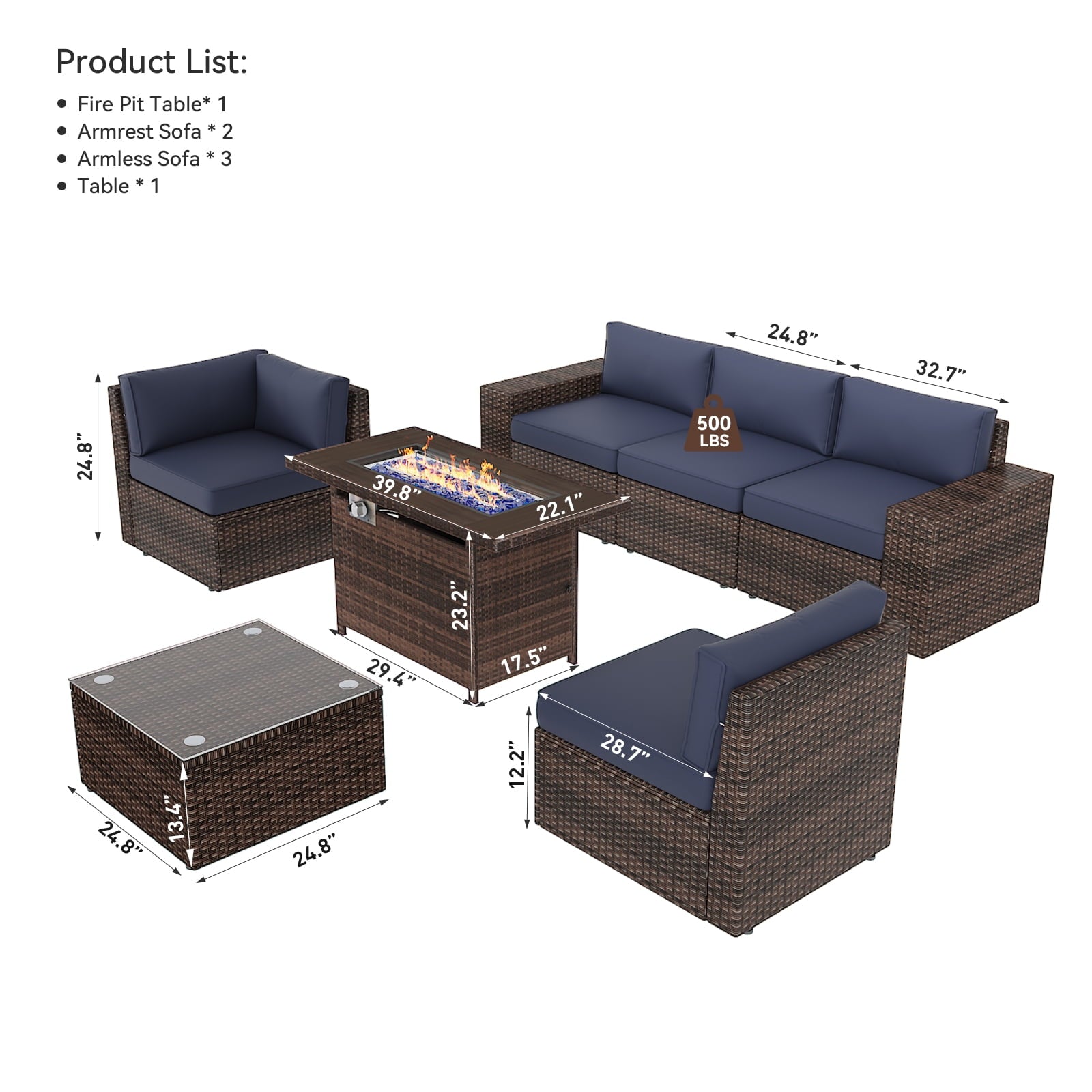 7Pcs Outdoor Patio Furniture Set with Fire Pit Table Wicker Rattan Sectional Sofa Patio Conversation Sets-Blue(with Waterproof Cover)