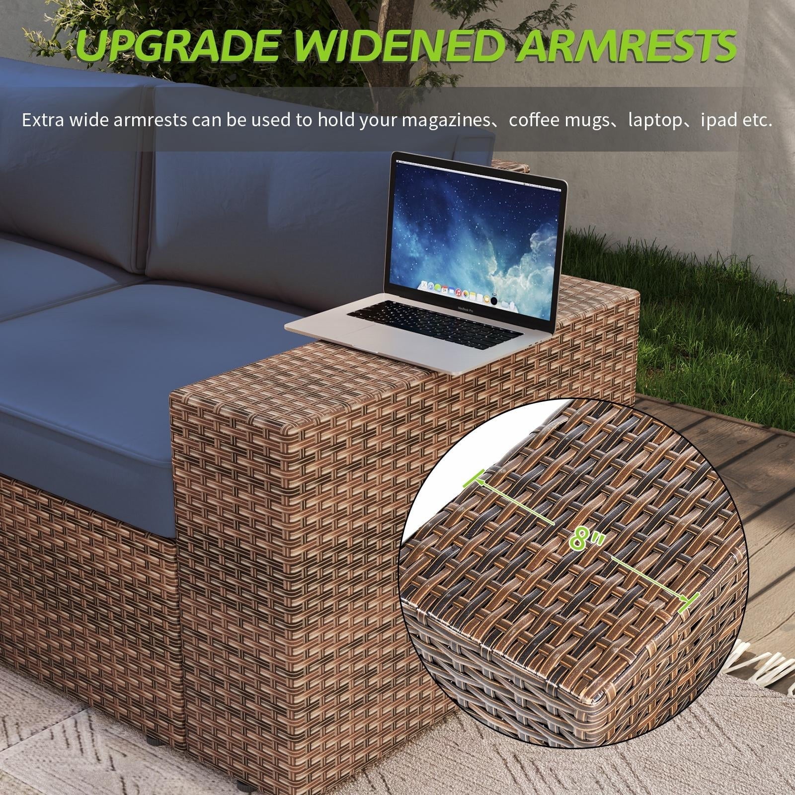 7pcs Patio Furniture Set with 60000BUT Fire Pit Table, Outdoor PE Wicker Rattan Sectional Sofa Conversation Set, Blue