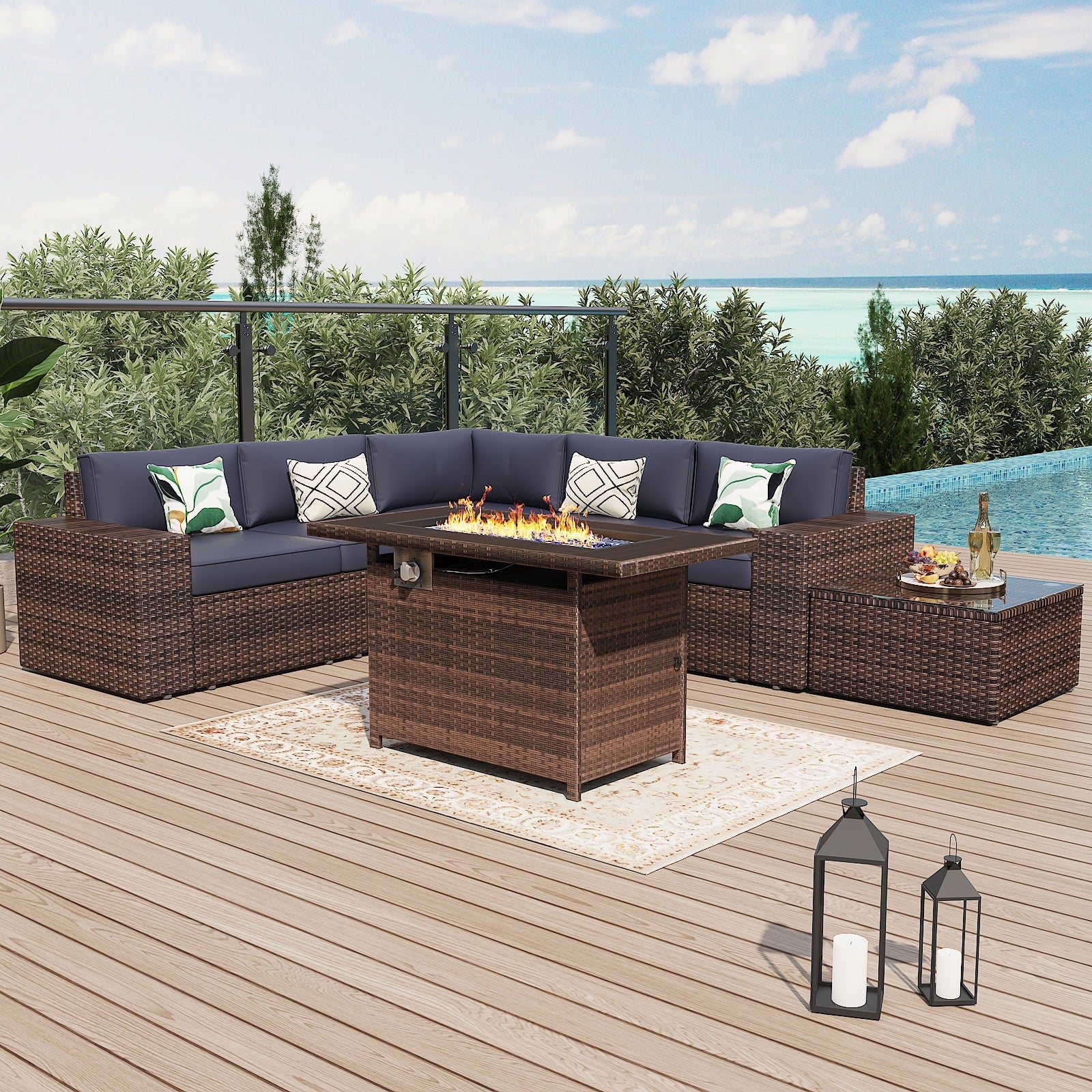 7Pcs Outdoor Patio Furniture Set with Fire Pit Table Wicker Rattan Sectional Sofa Patio Conversation Sets-Blue(with Waterproof Cover)