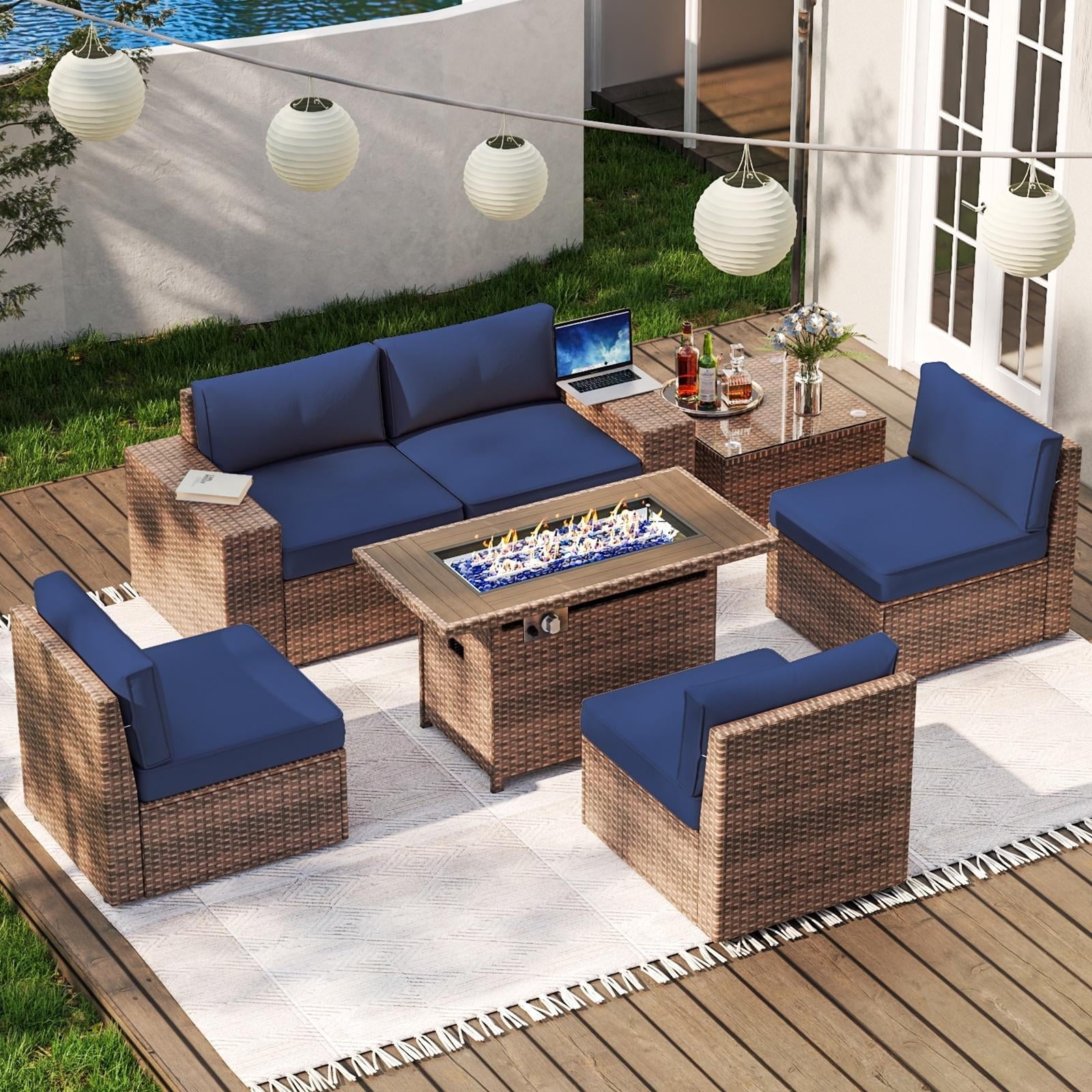 7pcs Patio Furniture Set with 60000BUT Fire Pit Table, Outdoor PE Wicker Rattan Sectional Sofa Conversation Set, Blue