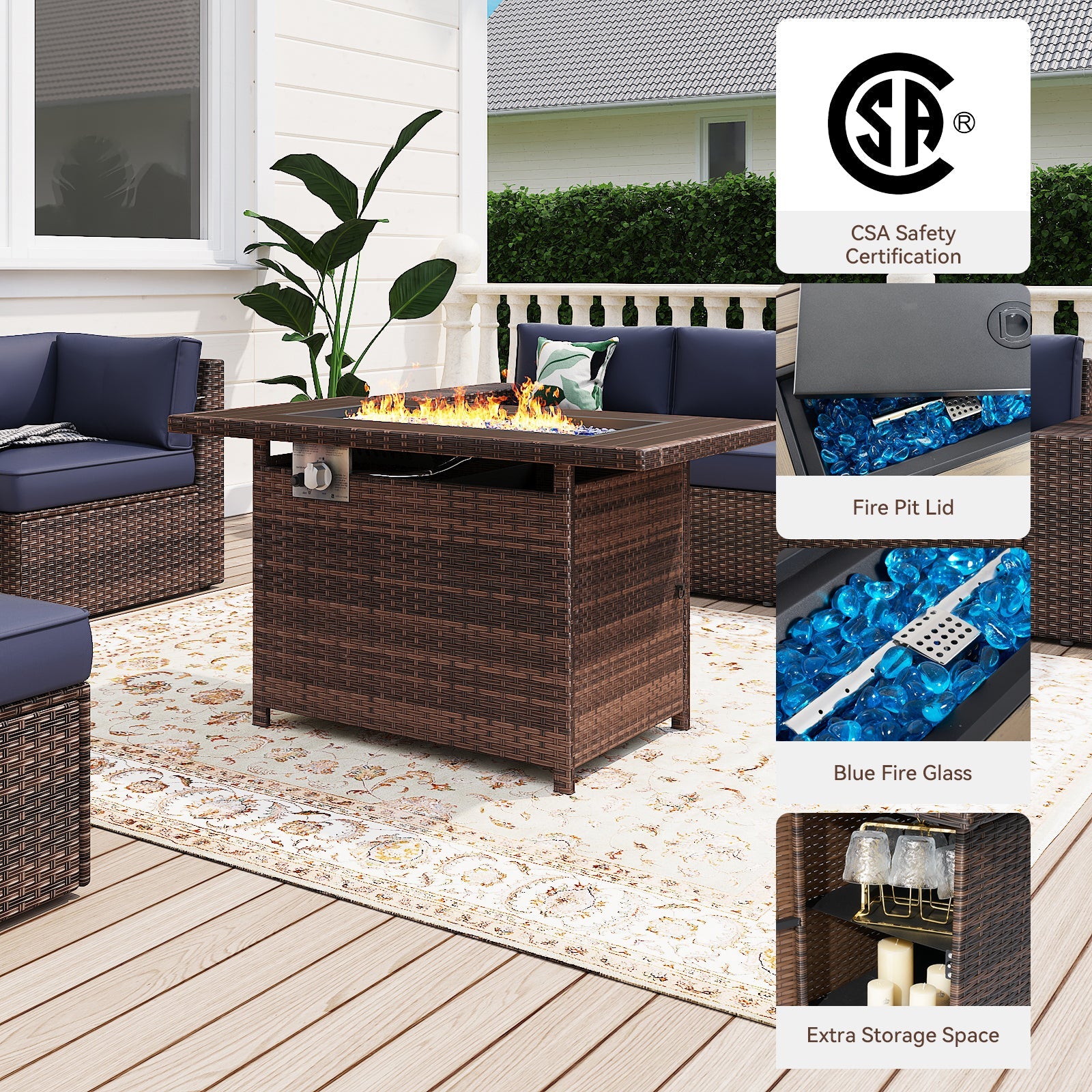 7Pcs Outdoor Patio Furniture Set with Fire Pit Table Wicker Rattan Sectional Sofa Patio Conversation Sets-Blue(with Waterproof Cover)