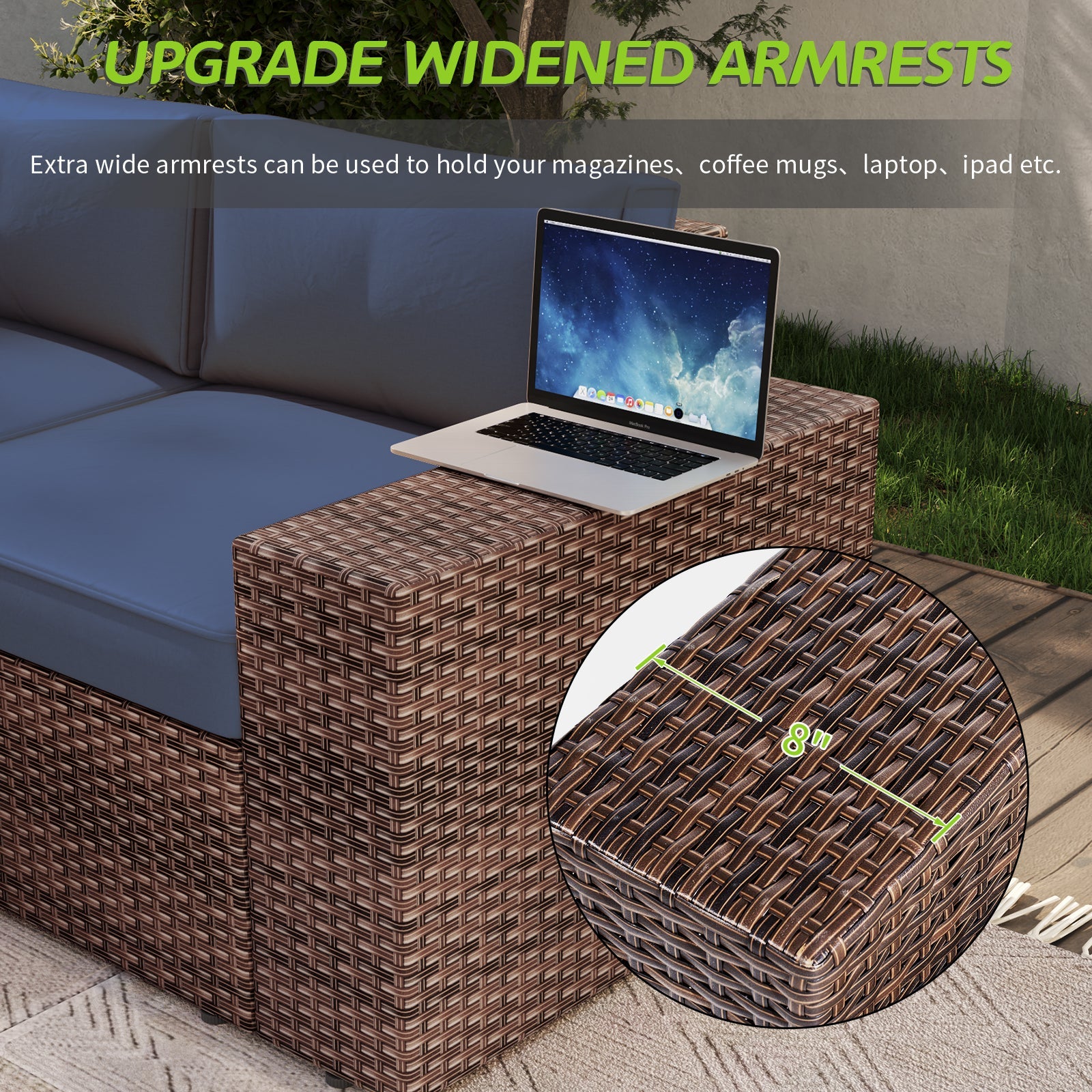 7 pcs Patio Furniture Set with 60000BUT Fire Pit Table(Include Waterproof Cover), Outdoor PE Wicker Rattan Sectional Sofa Conversation Set, Blue