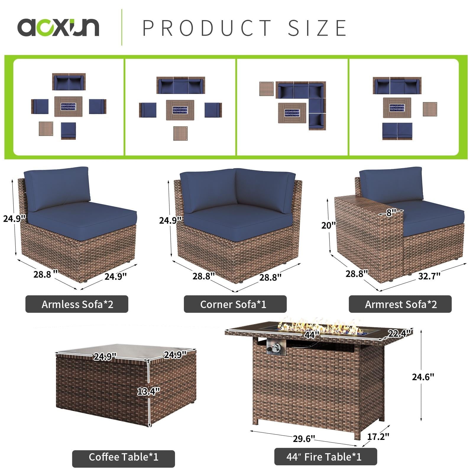 7pcs Patio Furniture Set with 60000BUT Fire Pit Table, Outdoor PE Wicker Rattan Sectional Sofa Conversation Set, Blue