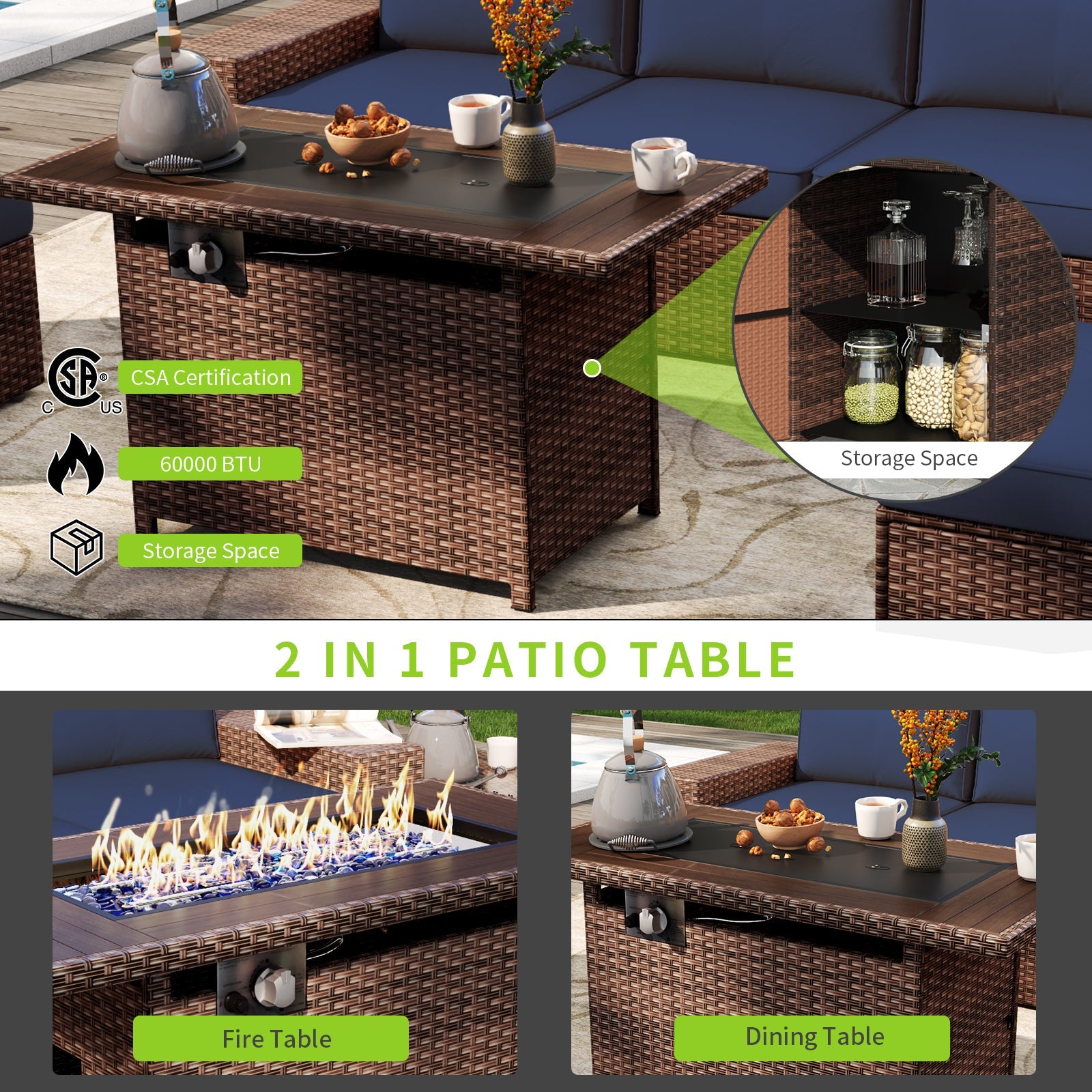 7 pcs Patio Furniture Set with 60000BUT Fire Pit Table(Include Waterproof Cover), Outdoor PE Wicker Rattan Sectional Sofa Conversation Set, Blue