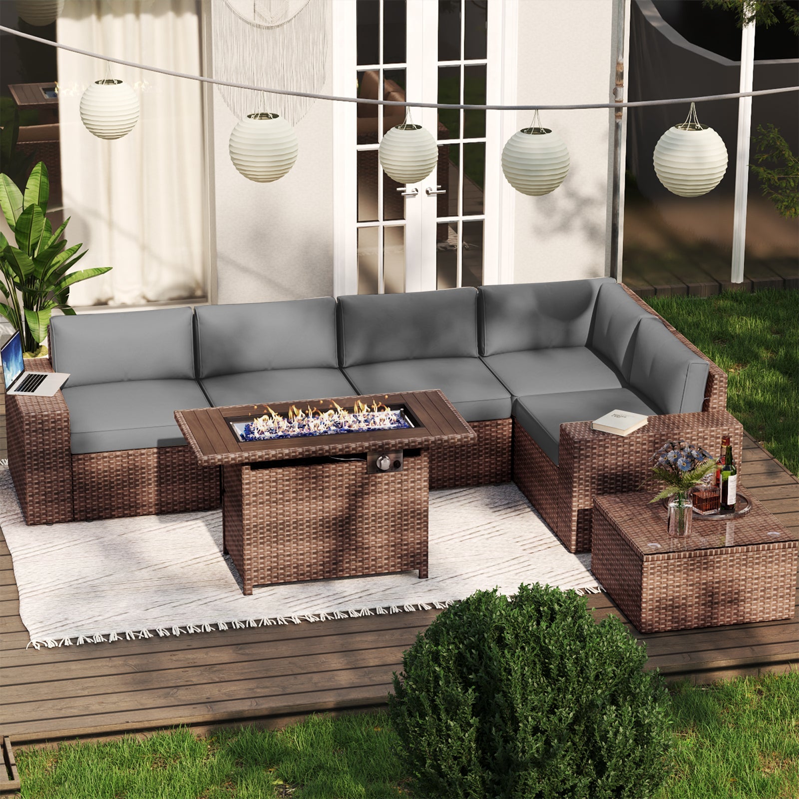 7 Piece Patio Furniture Set with 44'' Fire Pit Table(Include Waterproof Cover), Outdoor Sectional Sofa, PE Rattan Patio Conversation Set with Red Cushion and Coffee Table-Gray