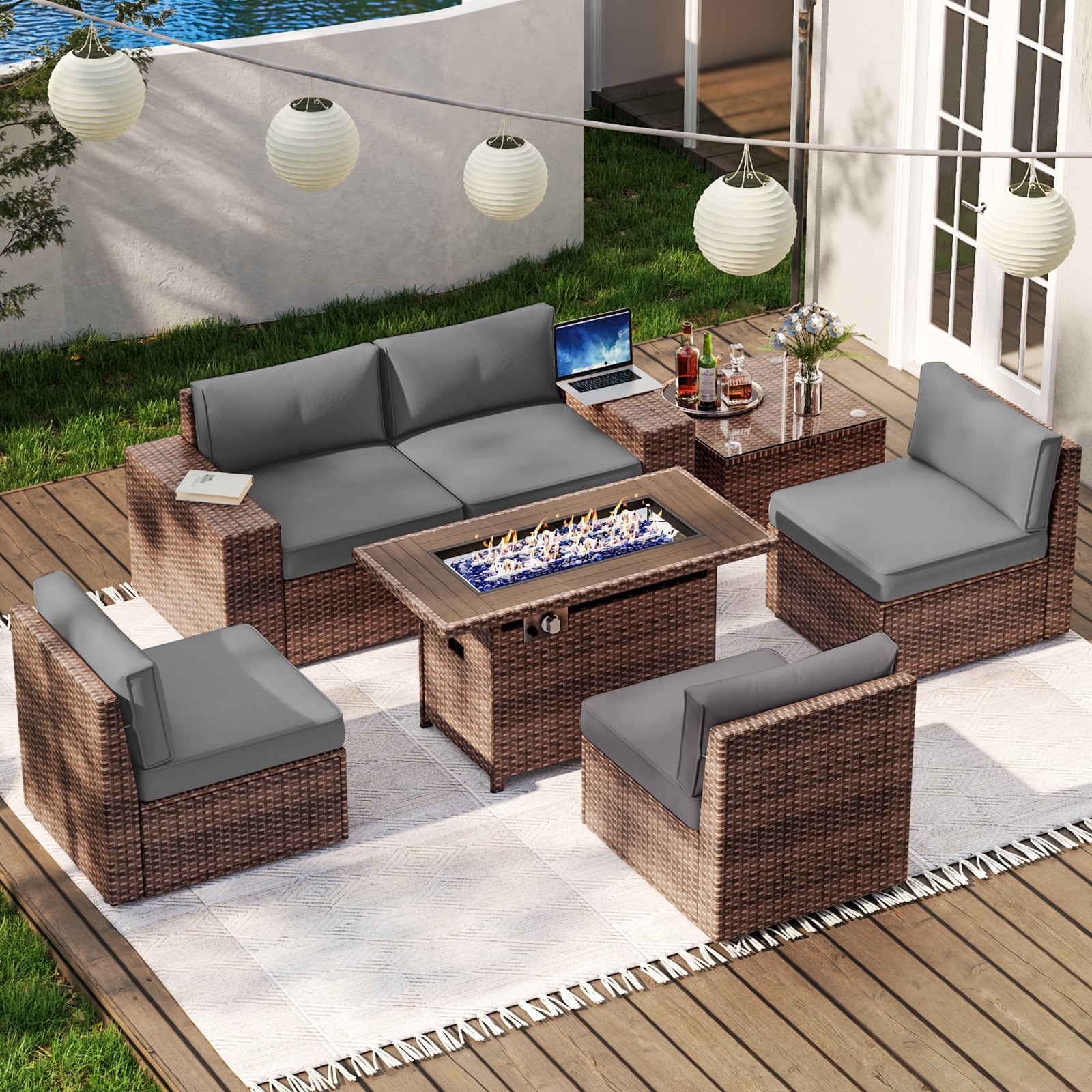 7 Piece Patio Furniture Set with 44'' Fire Pit Table(Include Waterproof Cover), Outdoor Sectional Sofa, PE Rattan Patio Conversation Set with Red Cushion and Coffee Table-Gray
