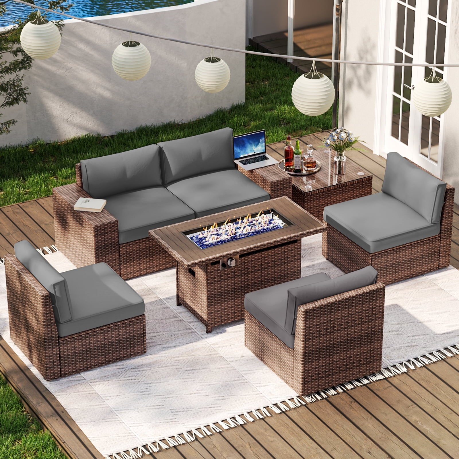 7 Piece Patio Furniture Set with 44'' Fire Pit Table(Include Waterproof Cover), Outdoor Sectional Sofa, PE Rattan Patio Conversation Set with Red Cushion and Coffee Table-Gray