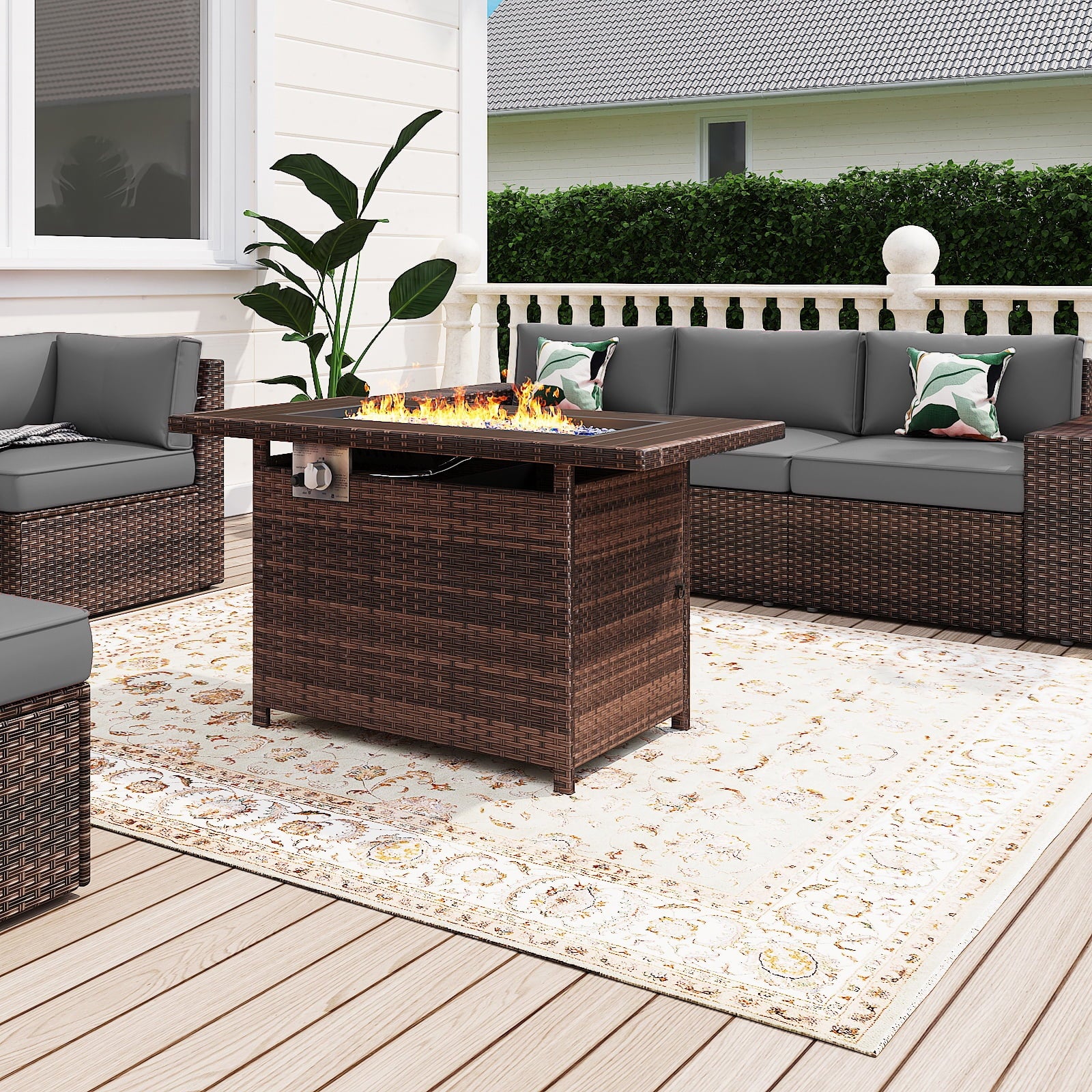 7Pcs Outdoor Patio Furniture Set with Fire Pit Table Wicker Rattan Sectional Sofa Patio Conversation Sets-Gray(with Waterproof Cover)