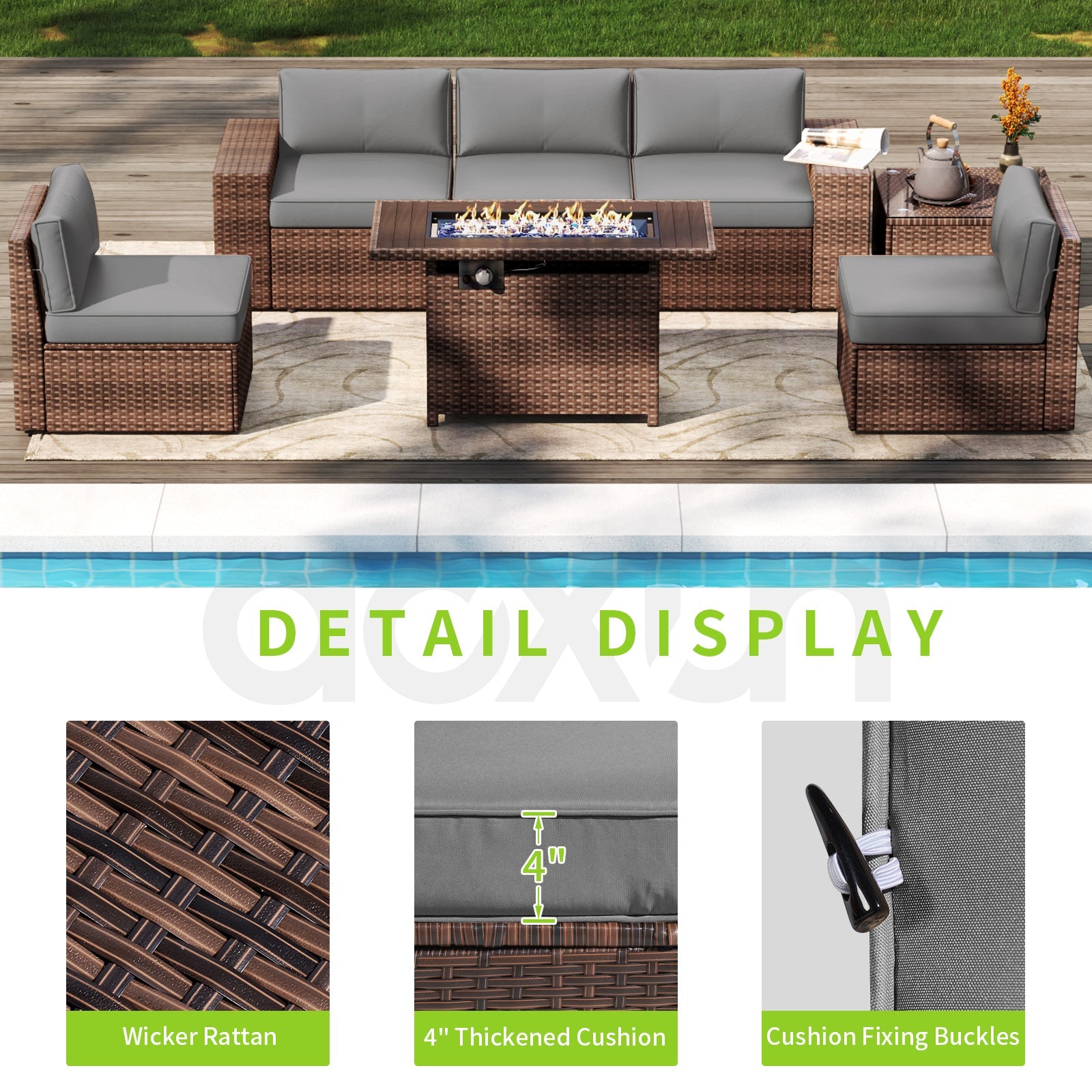 7 Piece Patio Furniture Set with 44'' Fire Pit Table(Include Waterproof Cover), Outdoor Sectional Sofa, PE Rattan Patio Conversation Set with Red Cushion and Coffee Table-Gray