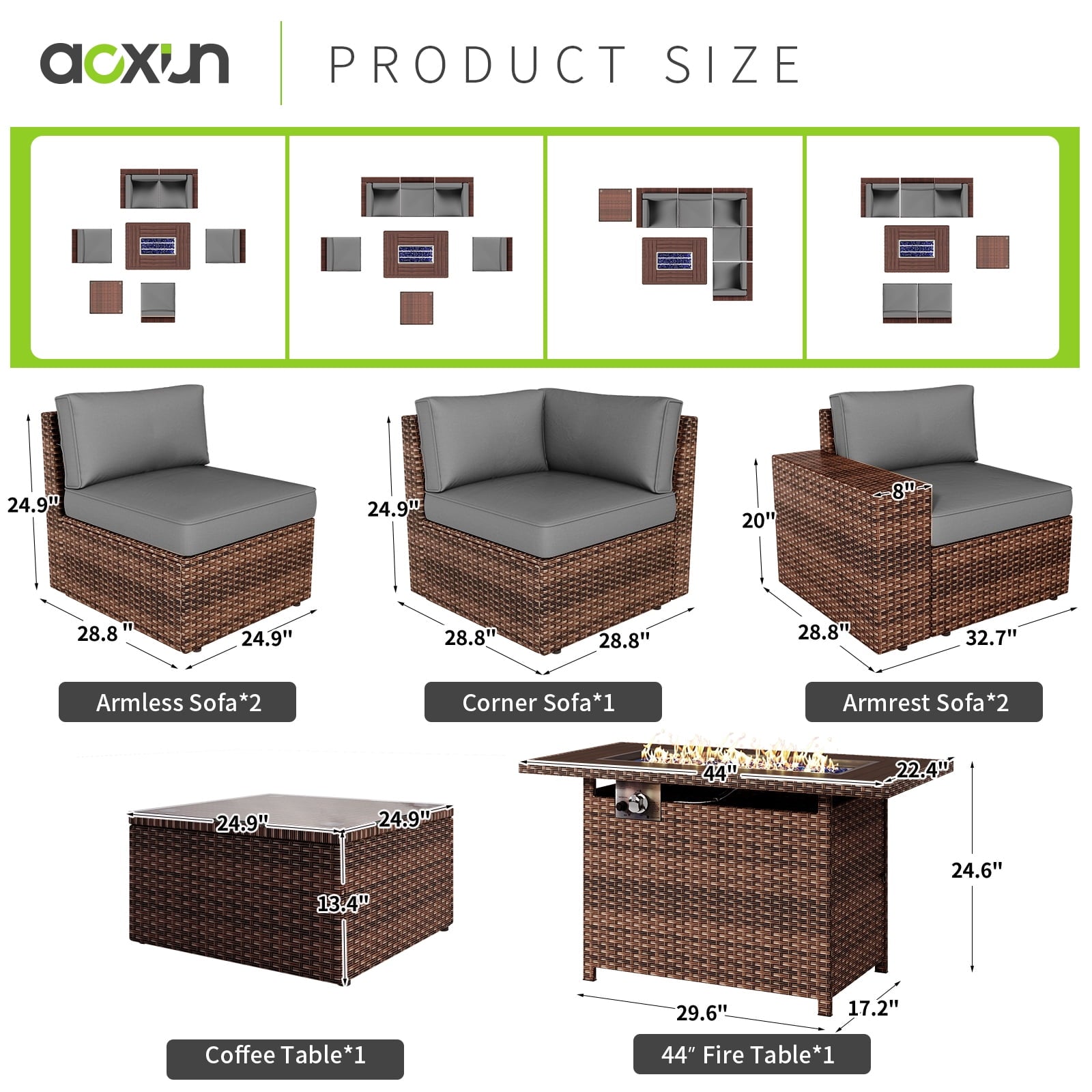 7 Piece Patio Furniture Set with 44'' Fire Pit Table(Include Waterproof Cover), Outdoor Sectional Sofa, PE Rattan Patio Conversation Set with Red Cushion and Coffee Table-Gray