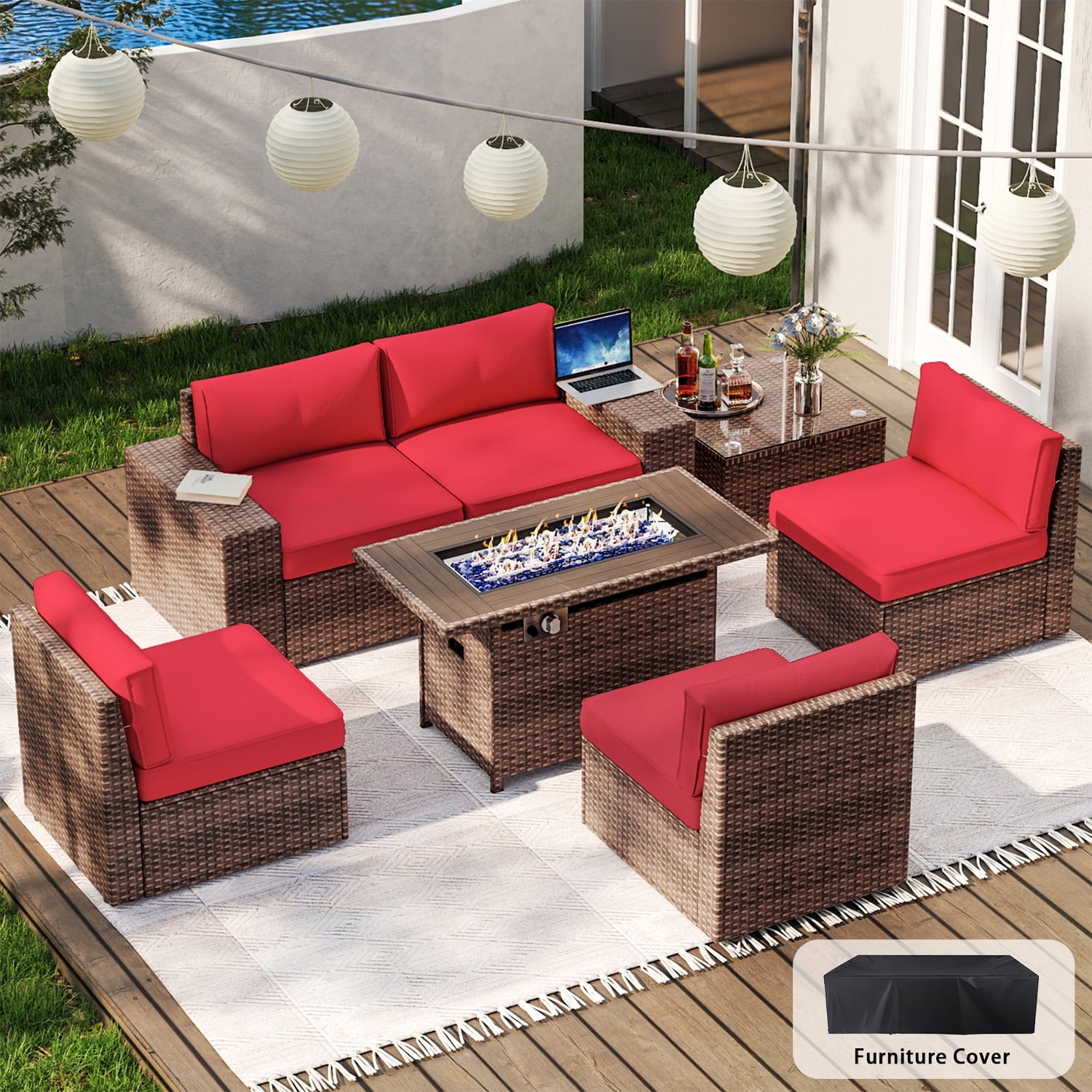 7 Piece Patio Furniture Set with 44'' Fire Pit Table(Include Waterproof Cover), Outdoor Sectional Sofa, PE Rattan Patio Conversation Set with Red Cushion and Coffee Table-Red