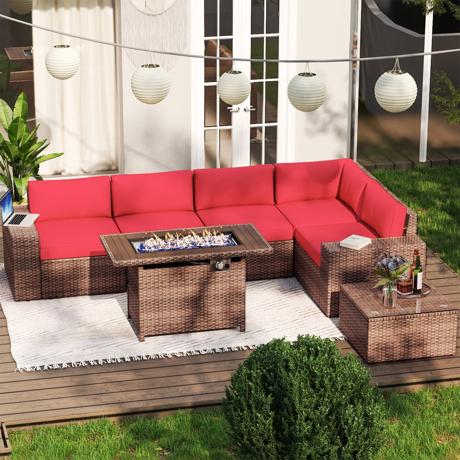 7 Piece Patio Furniture Set with 44'' Fire Pit Table(Include Waterproof Cover), Outdoor Sectional Sofa, PE Rattan Patio Conversation Set with Red Cushion and Coffee Table-Red