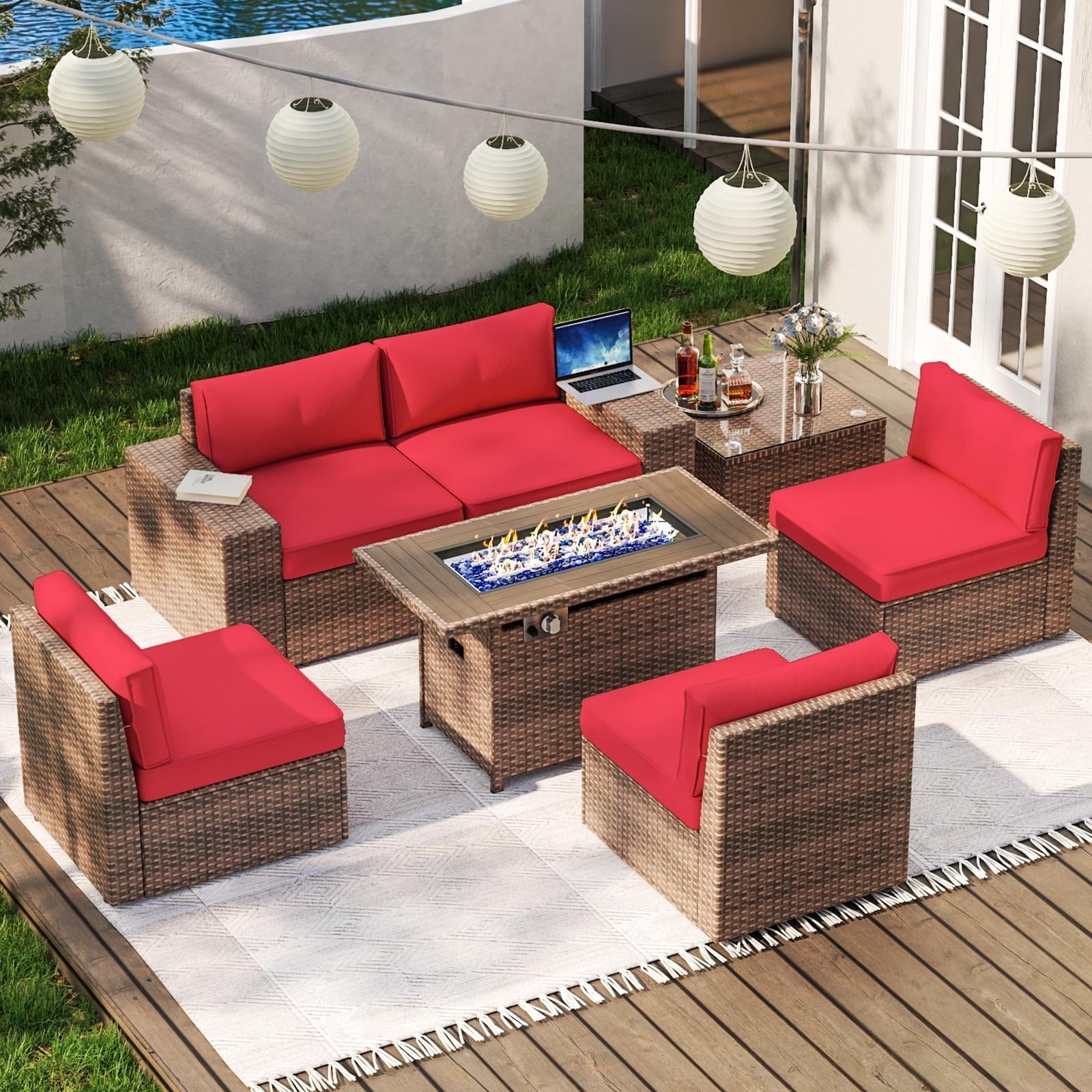 7 Piece Patio Furniture Set with 44'' Fire Pit Table, Outdoor Sectional Sofa, PE Rattan Patio Conversation Set with Red Cushion and Coffee Table. ( with Waterproof Cover)
