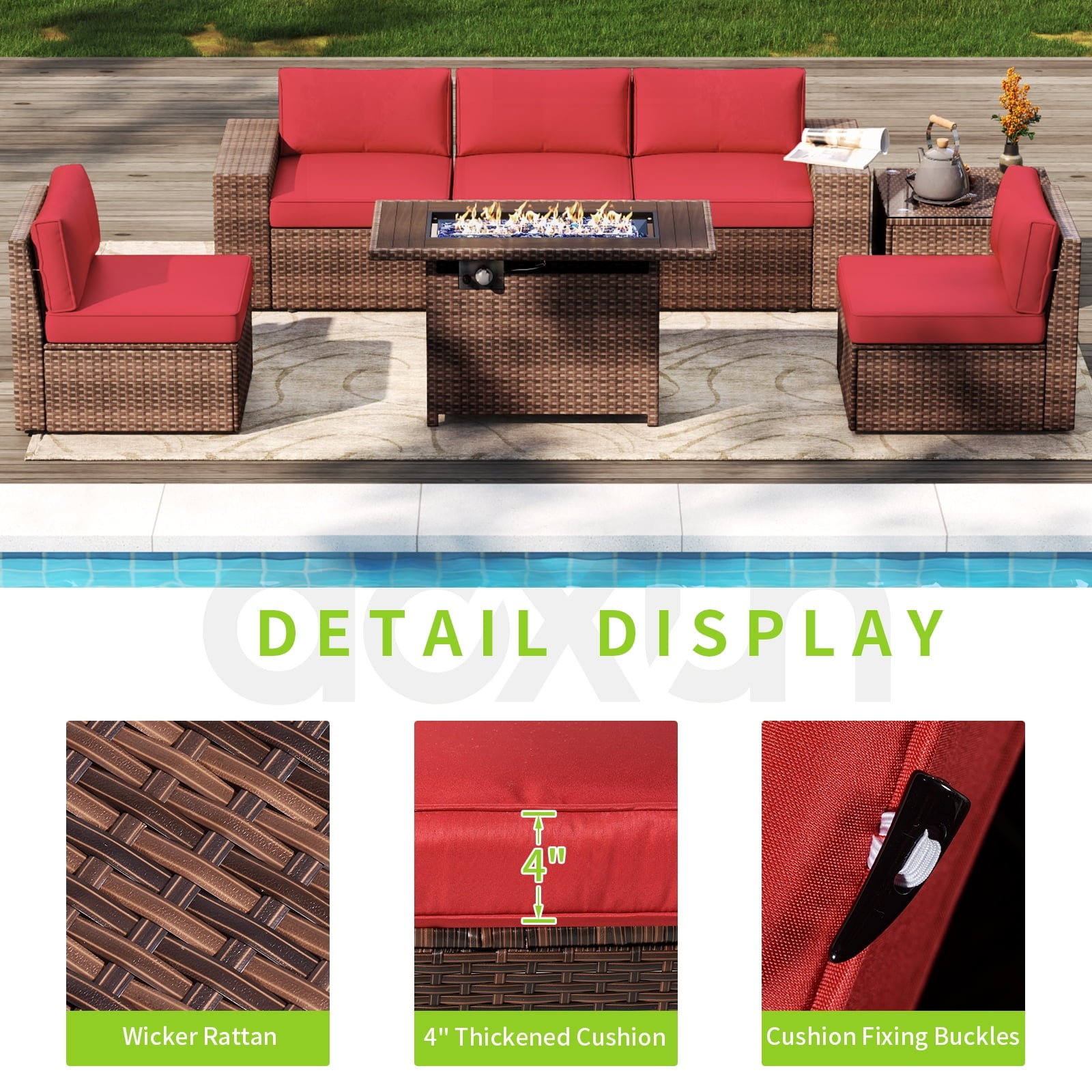 7 Piece Patio Furniture Set with 44'' Fire Pit Table(Include Waterproof Cover), Outdoor Sectional Sofa, PE Rattan Patio Conversation Set with Red Cushion and Coffee Table-Red