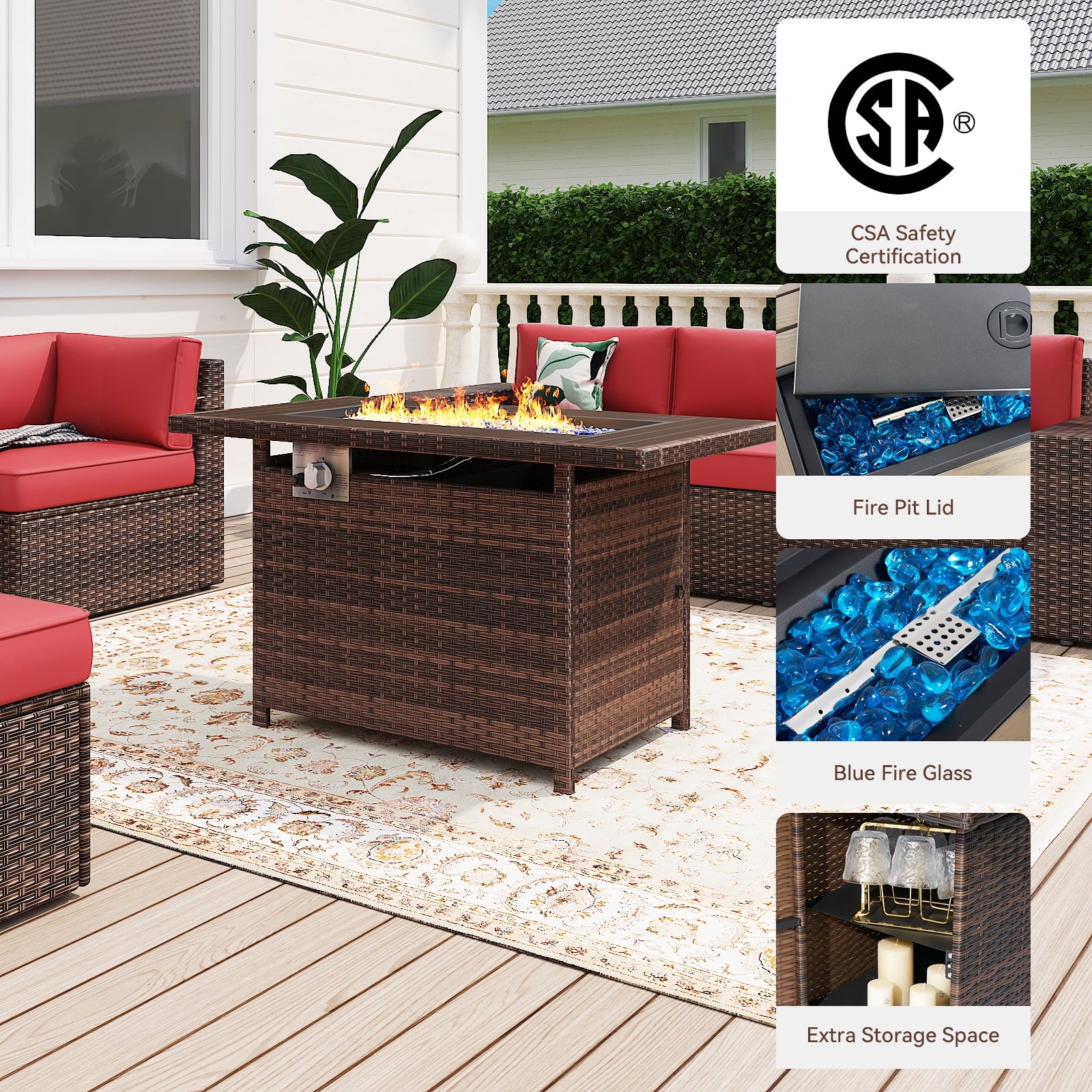 7Pcs Outdoor Patio Furniture Set with Fire Pit Table Wicker Rattan Sectional Sofa Patio Conversation Sets-RDE(with Waterproof Cover)