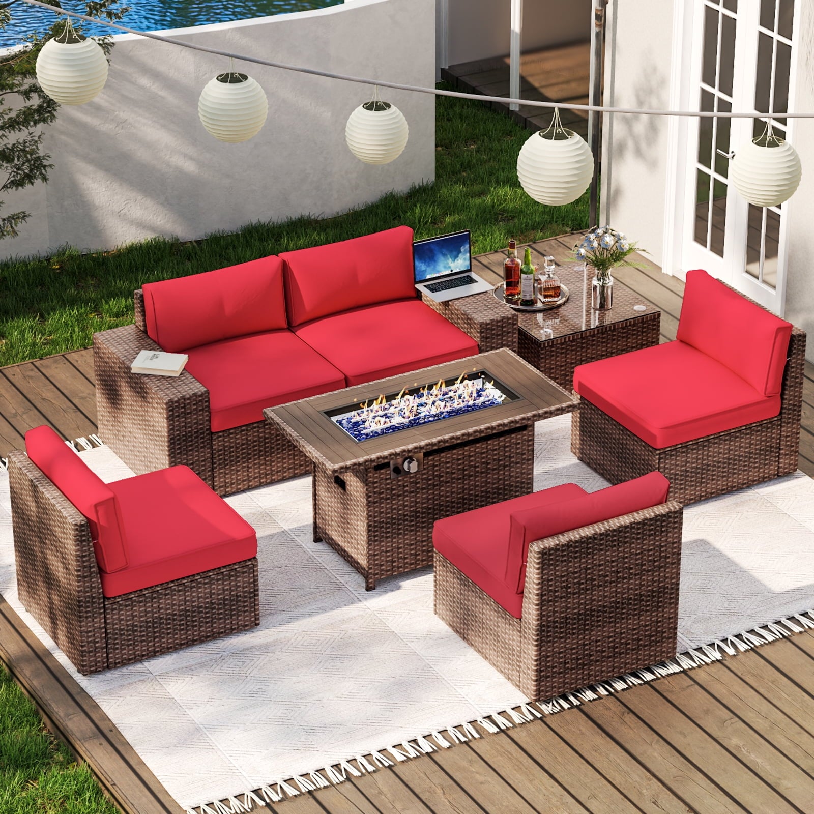 7 Piece Patio Furniture Set with 44'' Fire Pit Table(Include Waterproof Cover), Outdoor Sectional Sofa, PE Rattan Patio Conversation Set with Red Cushion and Coffee Table-Red