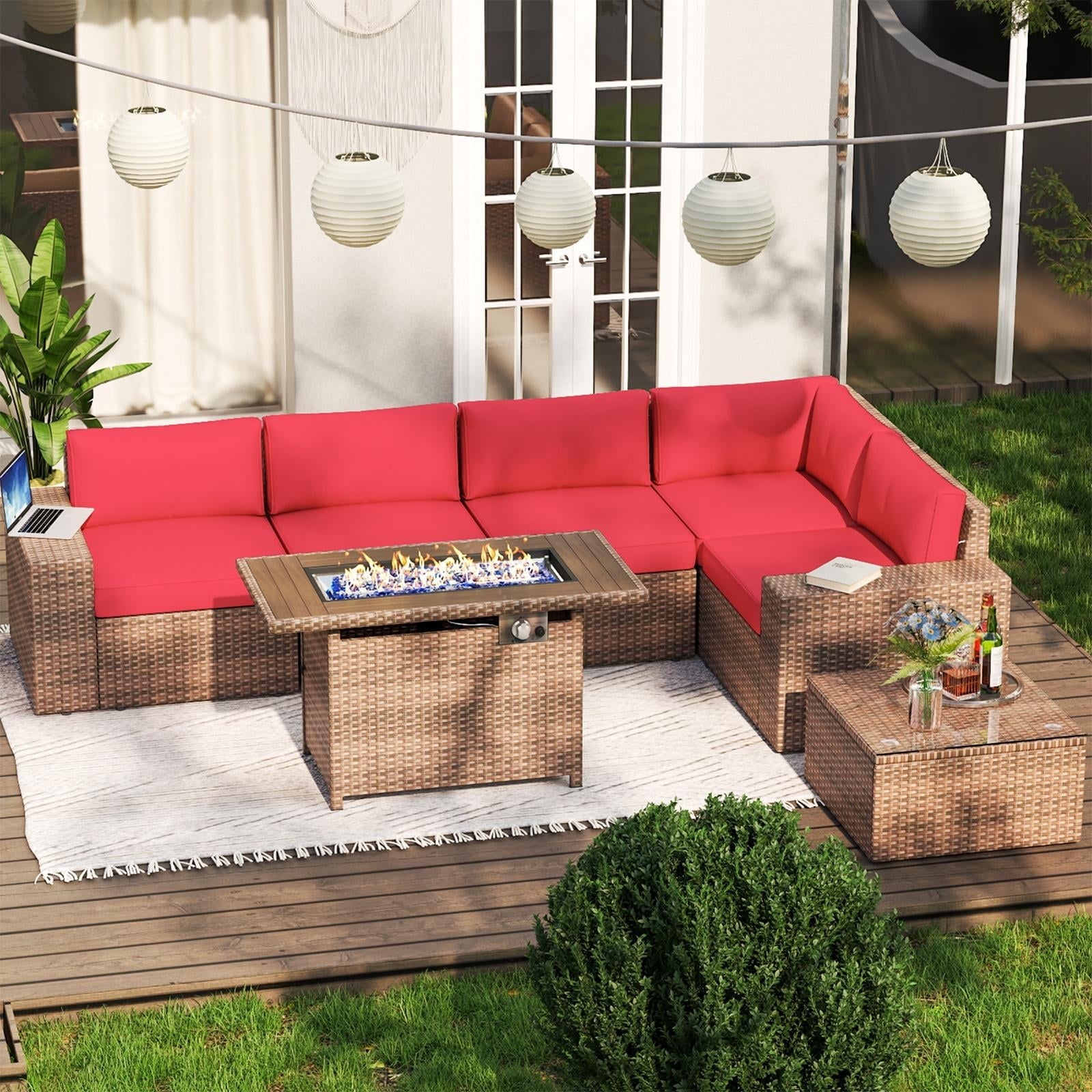 7 Piece Patio Furniture Set with 44'' Fire Pit Table, Outdoor Sectional Sofa, PE Rattan Patio Conversation Set with Red Cushion and Coffee Table. ( with Waterproof Cover)