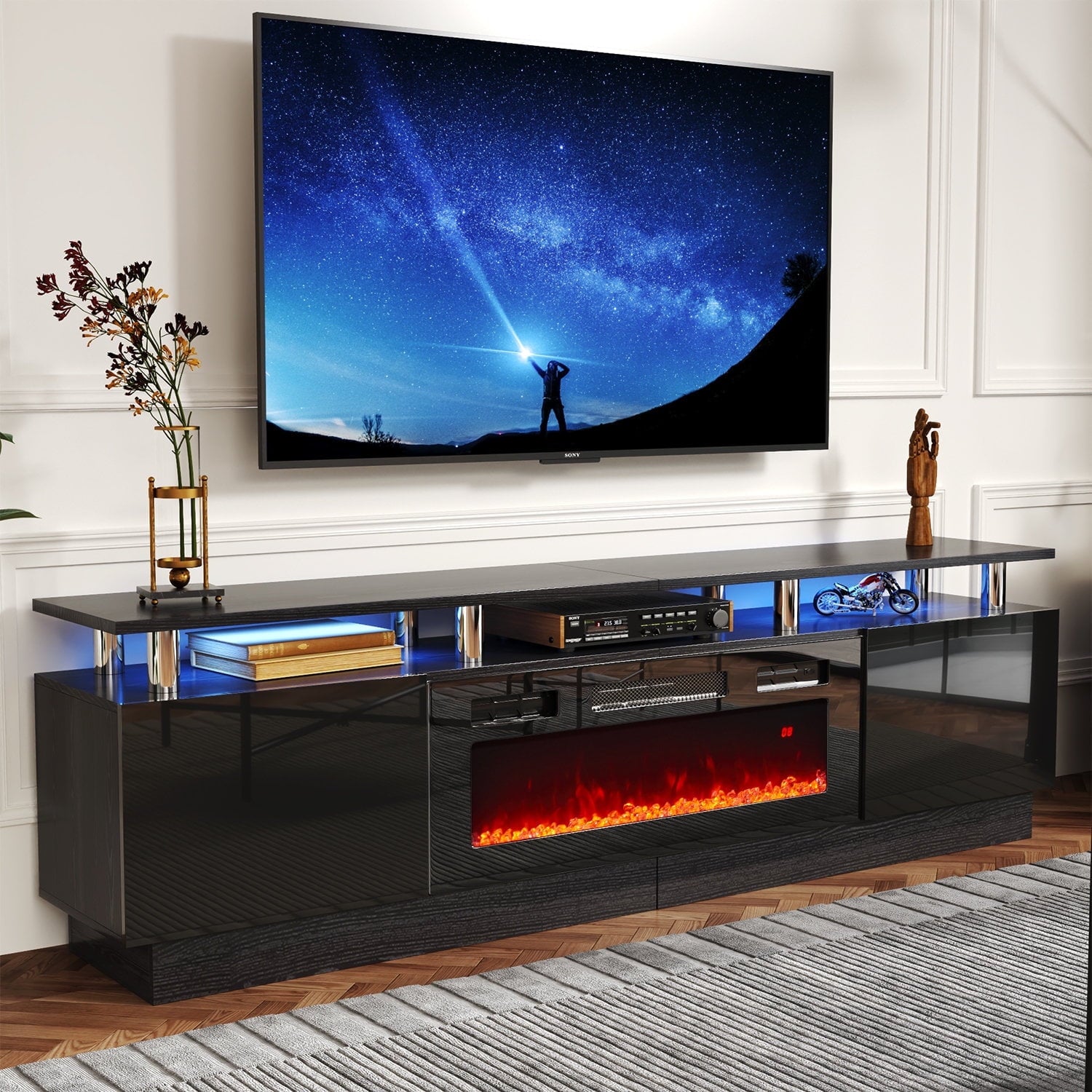 Fireplace TV Stand with 36” Electric Fireplace, Entertainment Center for TVs up to 90", LED Lights Entertainment Center, TV Console, Black