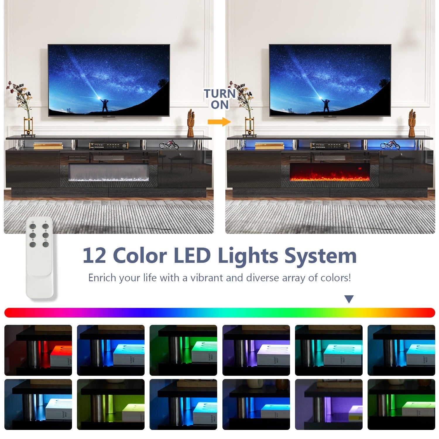 Fireplace TV Stand with 36” Electric Fireplace, Entertainment Center for TVs up to 90", LED Lights Entertainment Center, TV Console, Black