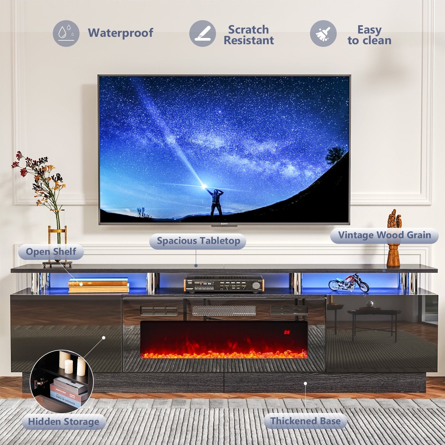 Fireplace TV Stand with 36” Electric Fireplace, Entertainment Center for TVs up to 90", LED Lights Entertainment Center, TV Console, Black