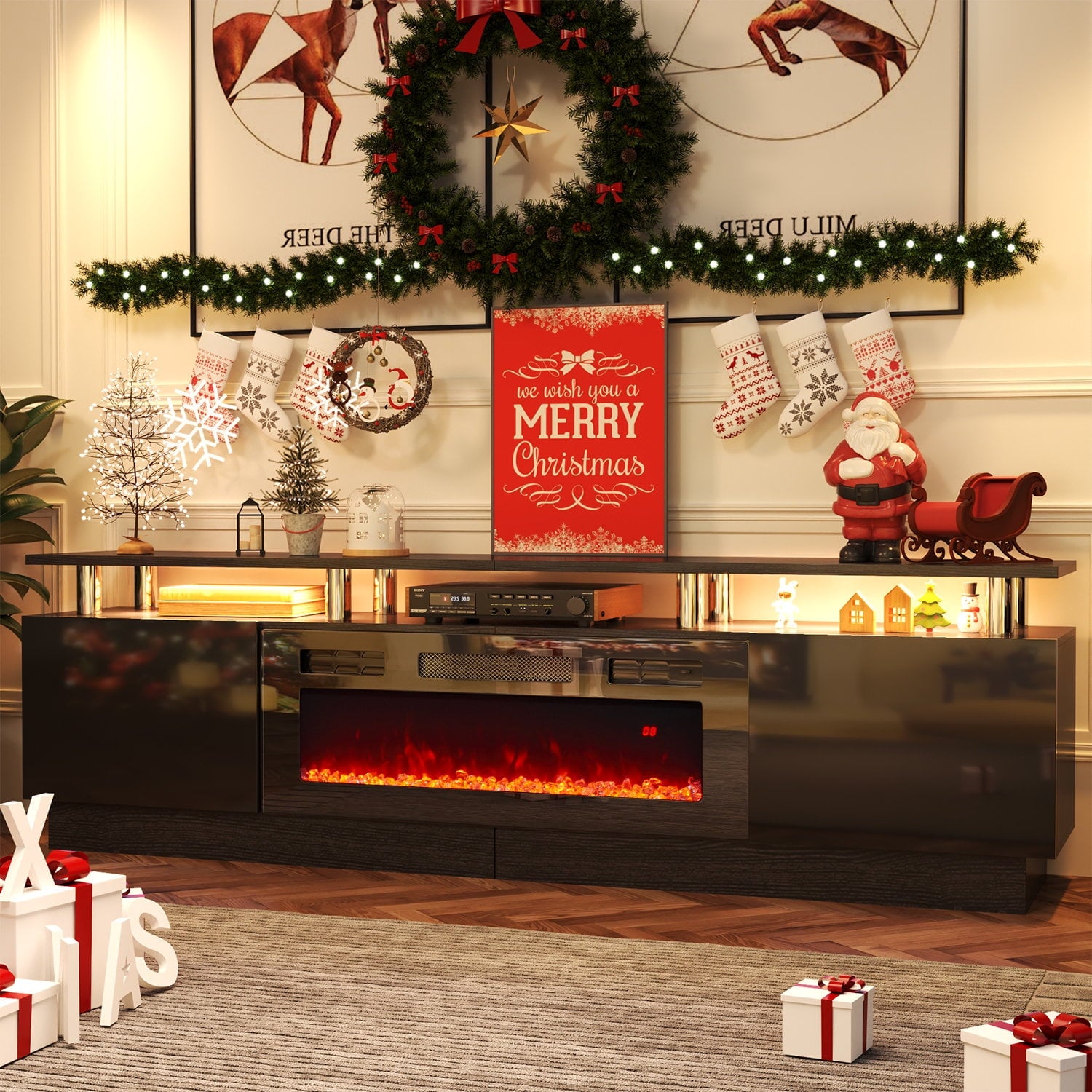 Fireplace TV Stand with 36” Electric Fireplace, Entertainment Center for TVs up to 90", LED Lights Entertainment Center, TV Console, Black