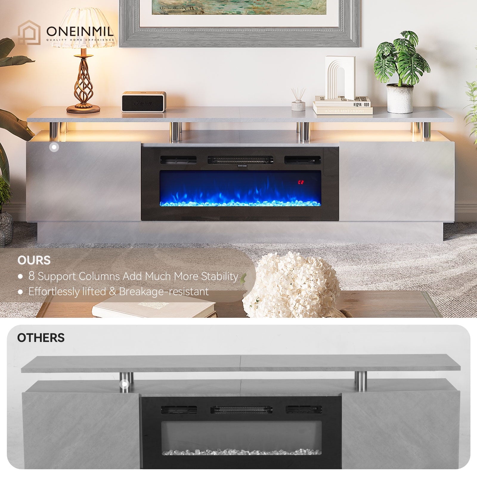 Fireplace TV Stand with 36" Electric Fireplace, Entertainment Center for TVs up to 90", LED Lights Entertainment Center, TV Console, Grey